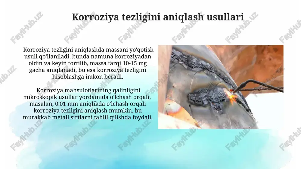 va korroziya jarayonini sekinlashtiradi. inhibitorlar organik inhibitörlar, masalan, aminlar yoki alkillar, metall yuzasida passiv qatlam hosil qilib, korroziya jarayonini sekinlashtiradi va bu jarayonni ph 6 dan 9 gacha bo'lgan diapazonda samarali bajaradi. noorganik inhibitörlar, masalan, xromatlar yoki fosfatlar, metall yuzasida himoya plyonkasi hosil qilish orqali korroziya tezligini 5-15 mv gacha kamaytiradi, bu korroziya potentsialiga ta'sir qiladi. kimyoviy korroziya metallarning kimyoviy korroziyasi natijasida hosil bo'lgan korroziya mahsulotlari, masalan, pas (fe2o3), metall sirtini 5-10 mikron qalinlikda qoplashi mumkin va bu qoplama metallning keyingi korroziyadan himoyasini ta'minlaydi. kimyoviy korroziya jarayonining tezligi ph darajasi, harorat va oksidlovchi moddalarning konsentratsiyasi kabi 3 ta asosiy omilga bog'liq bo'lib, bu jarayonni tezlashtiradi yoki sekinlashtiradi. elektrokimyoviy korroziya temirning elektrokimiyaviy korroziyasi jarayonida 2 elektronning uzatilishi bilan fe2+ ionlari hosil boʻlib, katod reaksiyasi esa kislorodning qaytarilishini oʻz ichiga oladi. elektrokimiyaviy korroziya metallarning 0,1-10 mv oraligʻida potensial farqi hosil boʻlganida sodir boʻladigan jarayon boʻlib, bu esa elektrokimyoviy hujayraning hosil boʻlishiga olib …