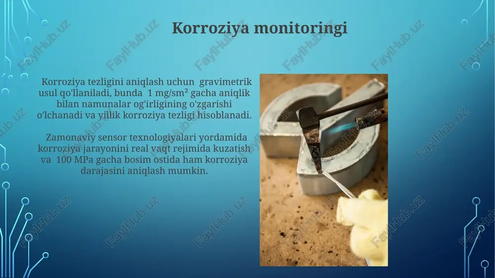 iradi. biologik korroziya sulfat kamaytiruvchi bakteriyalar (srb) po'latlarning korroziyasiga katta ta'sir ko'rsatib, h2s gazini ajratib chiqaradi va metallning ph darajasini 4-5 ga tushiradi. biokorroziya jarayonida 100 dan ortiq turdagi bakteriyalar va zamburug'lar ishtirok etadi, ular metall yuzasida biofilm hosil qilib, korroziya tezligini 10-1000 marta oshirishi mumkin. metallarning korroziyasi haqida umumiy ma'lumot korroziya jarayoni elektrokimiyaviy reaksiyalar orqali, potensiallar farqi tufayli sodir bo'lib, metallarning oksidlanish darajasi muhitning ph darajasiga bog'liq. metallarning korroziyasi yillik iqtisodiy zararlarning 3-5% ni tashkil etadi, bu milliardlab dollar miqdorida yo'qotishlarga olib keladi va global muammo hisoblanadi. korroziyaga chidamli materiallar titan va uning qotishmalari, yuqori kuchlilik va korroziyaga qarshilik xususiyatlari tufayli, aviatsiya va tibbiyot sohalarida, shuningdek, dengiz suviga chidamli qurilmalar ishlab chiqarishda qo'llaniladi. korroziya tezligi yillik 0.01 mm dan kam. seramika materiallar, masalan, alyuminiy oksidi, yuqori harorat va korroziyaga chidamlilik bilan ajralib turadi, ularning qo'llanilishi 1500°c gacha bo'lgan haroratlarda kimyoviy reaksiyalarga chidamlilikni talab qiladigan sanoat jarayonlarida keng tarqalgan. e'tiboringiz …
