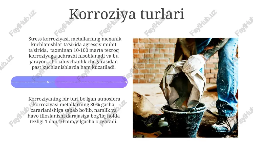 hilik ko'rsatadi. korroziya tadqiqotlari istiqbollari korroziya jarayonlarini modellashtirishda sun'iy intellekt va mashinaviy o'rganish algoritmlarini qo'llash, korroziya tezligini 15-20% ga aniqroq bashorat qilish imkonini beradi. korroziya inhibitörlerinin samaradorligini baholashda kvant kimyo usullarini qo'llash, yangi, 2-3 baravar samarali inhibitörlarni loyihalash va sintez qilish imkonini beradi. korroziyaga chidamli materiallar titan qotishmalari, 500°c gacha bo'lgan haroratlarda ishlatilganda, yuqori mexanik mustahkamlik va korroziyaga chidamlilik xususiyatlarini saqlab qoladi, bu ularni aviatsiya va kosmik sanoatida qo'llashga imkon beradi. alyuminiy oksidi qatlami hosil qilish xususiyati tufayli, alyuminiy korroziyaga yuqori darajada chidamli, bu esa 99,99% sof alyuminiyni himoya qatlami sifatida ishlatishga imkon beradi. e'tiboringiz uchun rahmat @taqdimot_robot image4.jpg image5.jpg image6.jpg image7.jpg image8.jpg image9.jpg image10.jpg image11.jpg image12.jpg image13.jpg image14.jpg image15.jpg image16.jpg image17.jpg image18.jpg image19.jpg image20.jpg image1.jpeg image2.jpeg image3.jpeg