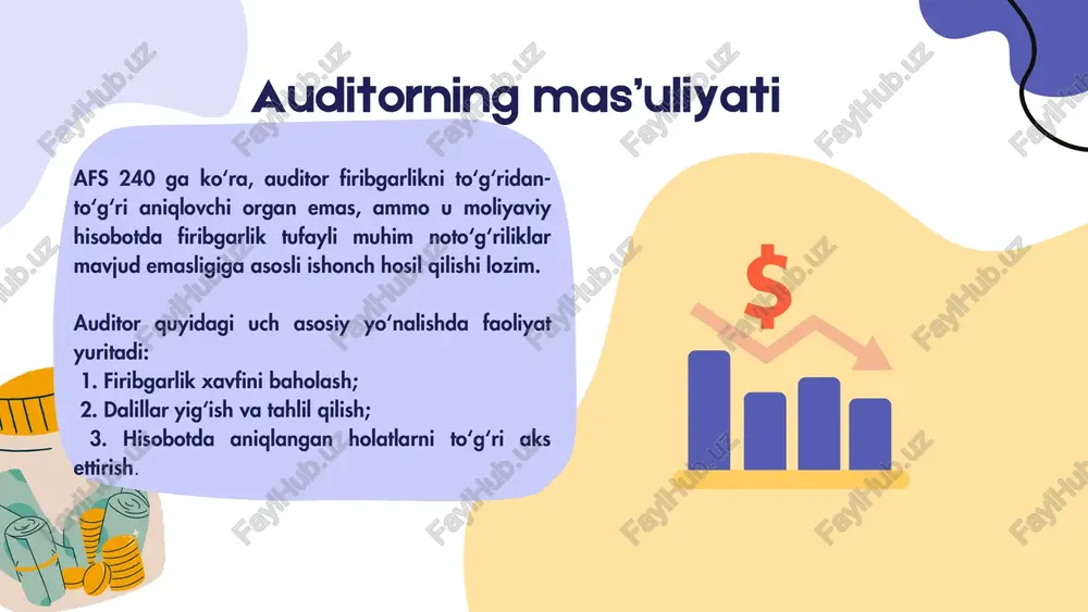 ibgarlik ehtimoli bor. 2. forensik audit (kriminal audit) afs 240 amaliyotida bu maxsus usuldir — auditor shubhali holatlar aniqlansa, dalillarni huquqiy nuqtai nazardan to‘playdi. masalan, hujjatlar zanjirini saqlab, ekspertiza uchun tayyorlaydi. auditor va boshqaruv o‘rtasidagi aloqa (afs 240 bo‘yicha) afs 240 auditorlardan boshqaruv organlari bilan faol muloqotda bo‘lishni talab qiladi. chunki firibgarlikni aniqlashda auditor yolg‘iz emas — bu kollektiv mas’uliyatdir. auditor kimlar bilan muloqot qiladi: • korxona rahbariyati (ceo, cfo); • ichki audit xizmati; • audit qo‘mitasi (katta korporatsiyalarda mavjud); • kuzatuv kengashi. muloqotdagi asosiy masalalar: • firibgarlik xavfi bor sohalar; • ichki nazoratdagi zaifliklar; • topilgan dalillar va tavsiyalar; • shubhali operatsiyalar bo‘yicha choralar. afs 240 da firibgarlik xavfini baholash uchun bir nechta xalqaro modellar ishlatiladi: * fraud triangle (firibgarlik uchburchagi) ustida to‘xtaldik — bosim, imkoniyat, asos. har uch omil mavjud bo‘lgandagina aldash sodir bo‘ladi. agar ulardan biri yo‘q bo‘lsa, firibgarlik xavfi sezilarli kamayadi. firibgarlik xavfini baholash modellar fraud …
