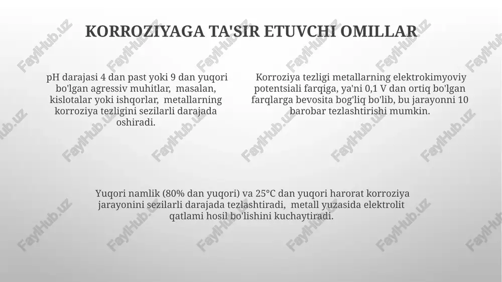 i, kam elektrokimyoviy faol metall tezroq korroziyaga uchraydi. korroziyaning 3-turi – teshiluvchi korroziya, metall yuzasida kichik chuqurchaklarning hosil bo'lishi bilan tavsiflanadi. bu turdagi korroziya metallning strukturaviy xususiyatlariga va agressiv muhitning tarkibiga bog'liq, va 2-5 mm diametrli teshiklar hosil qilishi mumkin. korroziyaning 1-turi – uniform korroziya, metall yuzasining bir tekis buzilishi bilan tavsiflanadi va taxminan 80% metall korroziyasini tashkil etadi. bu jarayon metallning butun yuzasida bir xil tezlikda sodir bo'ladi. korroziyani nazorat qilish va monitoringi korroziya tezligini aniqlash uchun elektrokimyoviy usullar, masalan, elektrod potentsialini o'lchash yordamida 0,1 mv gacha aniqlik bilan monitoring olib borish mumkin. korroziya jarayonini nazorat qilishda 20-30% gacha samaradorlikni oshiradigan katod himoyasi tizimlari, potensial farqini doimiy nazorat qilishni talab qiladi. inhibitorlar qo'llanilganda, ularning konsentratsiyasi va samaradorligini odatda 5-10% oralig'ida aniqlik bilan spektroskopik usullar yordamida nazorat qilish kerak. e'tiboringiz uchun rahmat @taqdimot_robot image1.png image2.png image3.png