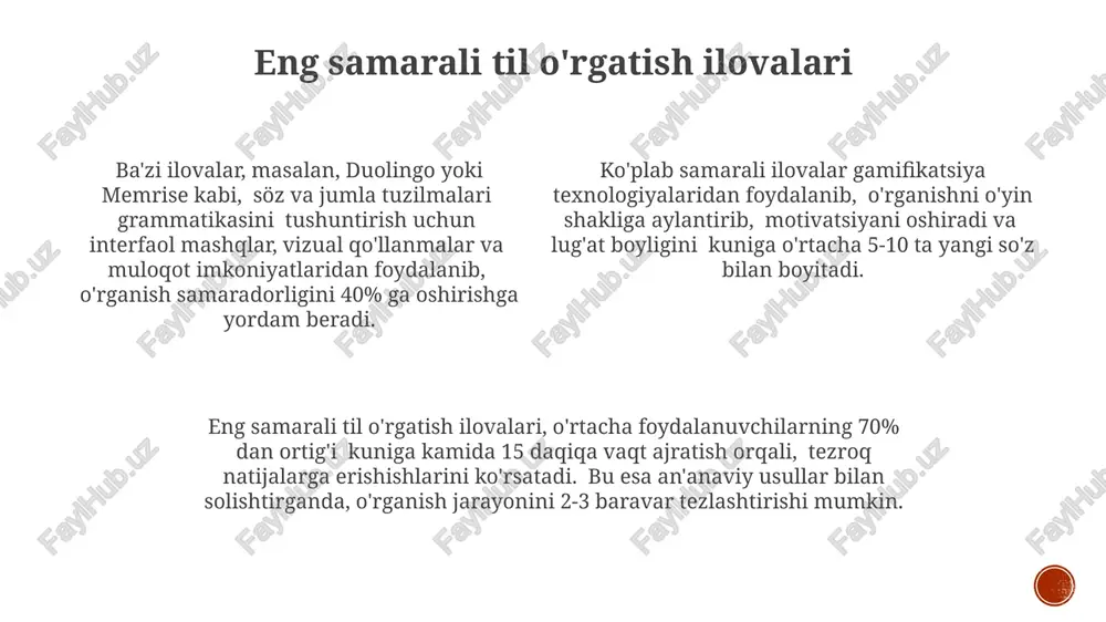 lsa-da, murakkab grammatika yoki nostandart lug'at ishlatilganda aniqlik pasayishi mumkin. kelajakdagi istiqbollar va texnologiyalar sun'iy intellekt asosidagi shaxsiylashtirilgan o'quv dasturlari 50% ga yaqin o'quvchilarning til o'rganish samaradorligini oshirishi kutilmoqda. global tarmoqlar orqali real vaqtda til almashinuvi platformalari soni 2025 yilga kelib 1000 dan oshib, xalqaro muloqot imkoniyatlarini kengaytiradi. kelajakda ar/vr texnologiyalari yordamida 3d muhitlarda til o'rganish imkoniyatlari sezilarli darajada o'sib, o'quv jarayonini yanada interaktiv va samarali qiladi. motivatsiya va o'z-o'zini nazorat qilish o'z-o'zini nazorat qilishni ta'minlash uchun ba'zi ilovalar o'quv jarayonini individualizatsiya qilish, progressni kuzatish va shaxsiy maqsadlar qo'yish imkoniyatlarini taklif etadi, bu esa 25% ga samaradorlikni oshiradi. til o'rganish bo'yicha mobil ilovada o'quvchilarning o'z-o'zini baholash imkoniyati (masalan, testlar, viktorinalar) ularning bilim darajasini aniqlashga va kamchiliklarni bartaraf etishga yordam beradi, natijada muvaffaqiyat darajasi 15% ga ortadi. mobil ilovalar gamifikasiya elementlari (masalan, ballar, belgilar, darajalar) orqali o'quvchilarning motivatsiyasini 30% ga oshirishi va darslarga bo'lgan qiziqishini kuchaytirishi mumkin. muvaffaqiyatli til o'rganish uchun …