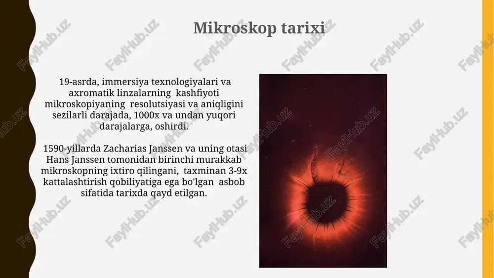 ni kuzatish imkonini beradi. biologiya va tibbiyotda mikroskop fluorescent mikroskopiya texnikasi yordamida 10-100 nm gacha bo'lgan viruslarni va boshqa submikroskopik tuzilmalarni aniqlash va kuzatish imkoniyati mavjud bo'lib, bu yuqumli kasalliklarni tashxislashda katta yordam beradi. biologiyada mikroskop yordamida 1000x gacha kattalashtirish orqali hujayra tuzilmalarini, 0,2 mkm gacha bo'lgan detallarni batafsil o'rganish mumkin, bu esa hujayra biologiyasi tadqiqotlarida muhim rol o'ynaydi. mikroskopning asosiy qismlari ko'plab zamonaviy mikroskoplar, 10x dan 100x gacha bo'lgan obyektivlar to'plamini o'z ichiga oladi, bu esa turli xil kattalashtirish darajalarini ta'minlaydi va tadqiqotning turli bosqichlarida qo'llanilishi mumkin. mikroskopning asosiy optik qismlariga 2 ta linzalar – obyektiv va okulyar kiradi, ularning kattalashtirish koeffitsiyentlari ko'paytmasiga teng bo'lgan umumiy kattalashtirishni ta'minlaydi. skanlovchi zondli mikroskop szm ning turli xil rejimlari, masalan, kontaktli, kontaktsiz va tarqoq to'lqin rejimlari mavjud bo'lib, sirt topografiyasi, mexanik xossalari va elektr o'tkazuvchanligi kabi xususiyatlarni o'rganish imkonini beradi. szm yordamida materiallarni 3d tasvirini olish mumkin, bu esa sirt tuzilishini batafsil …