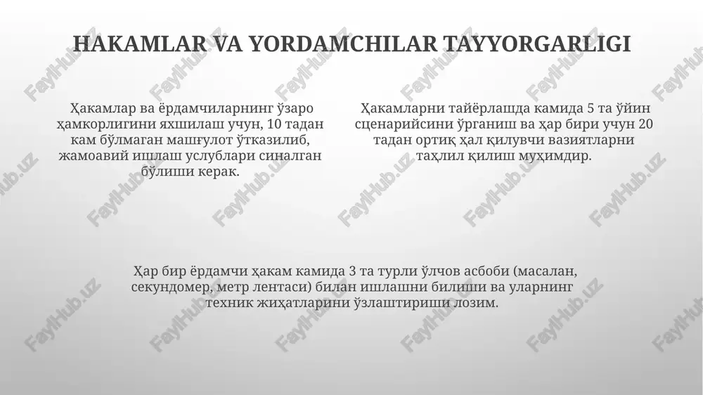 ngli bayroqchalar, belgilari bor maydonlar (10x15 metr) va o'yinchilarga tayyorlanishlari uchun 15-20 daqiqa vaqt ajratish kiradi. kerakli anjomlar va jihozlar misoli sifatida 5-10 metrli masofani o'lchashga mo'ljallangan ruletka, turli o'lchamdagi to'plar (diametri 10-20 sm), va har xil rangli belgilagich konuslarni keltirish mumkin. o'yinlarda 2-3 ta turli xildan iborat bo'lgan sport inventarlaridan foydalaniladi, masalan: skakalkalar, arqonlar (uzunligi 5-10m), va tezkorlikni aniqlash uchun sekundomer. o'yinlarni tanlash mezonlari o'yinlarni tanlashda ularning milliy madaniy merosga mosligi, kamida 2 ta yosh guruhi (7-12 va 13-18) uchun moslashuvchanligi va o'yin qoidalari soddaligi kabi omillar hisobga olinishi kerak. tanlangan o'yinlarning xavfsizlik talablariga javob berishi, zarar yetkazish ehtimolini kamaytirish uchun 3 ta yoki undan ortiq variantdagi jihozlar bilan o'tkazilishi va o'yin maydonchasining o'lchamlari hisobga olinishi muhim. o'yinlarning jismoniy faollik darajasi, o'rtacha 15-25 daqiqaliq davomiyligi va kamida 5 nafar ishtirokchini o'z ichiga olishi maqsadga muvofiqdir. e'tiboringiz uchun rahmat @taqdimot_robot image1.png image2.png image3.png
