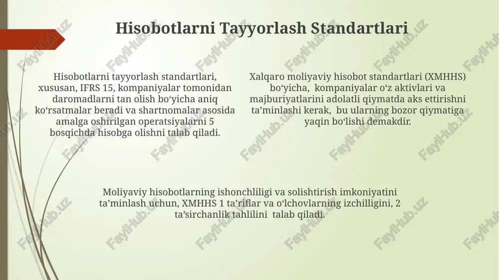 tig'i to'g'risida qo'shimcha tekshiruvlar o'tkazish kerak bo'lishi mumkin. balans (aktivlar, majburiyatlar, kapital) agar korxonaning aktivlari 50 million so'm, egalik kapitali esa 20 million so'm bo'lsa, demak, korxonaning majburiyatlari 30 million so'mni tashkil etadi, bu esa moliyaviy ahvolini tahlil qilishda muhim ahamiyatga ega. joriy aktivlarning (masalan, naqd pul, qisqa muddatli qarzlar) miqdori 25 million so'm, uzoq muddatli aktivlar (masalan, asosiy vositalar) esa 75 million so'm bo'lganda, bu korxonaning aktivlar tarkibini aniq ko'rsatib beradi. balansda aktivlarning umumiy qiymati 100 million so'mni, majburiyatlar 30 million so'mni tashkil etsa, egalik kapitali avtomatik ravishda 70 million so'mni tashkil etadi, bu asosiy balans tenglamasini (aktivlar = majburiyatlar + kapital) aks ettiradi. foyda va zarar hisobi foyda va zarar hisobi korxona faoliyatining ma’lum bir davr (masalan, 1 yil yoki 1 chorak) uchun daromadlari va xarajatlarini aks ettiruvchi asosiy moliyaviy hisobot hisoblanadi va sof foydani yoki zararni aniqlaydi. hisobotda tovarlarni sotishdan tushgan daromad, sotish xarajatlari, boshqaruv xarajatlari va …
