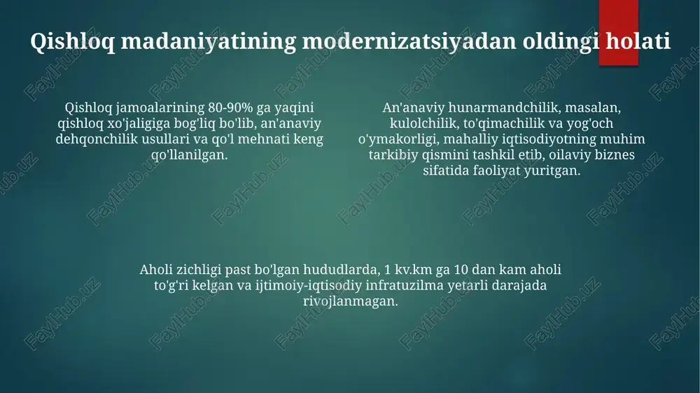 va sog'liqni saqlash tizimlarining rivojlanishi sog'liqni saqlash tizimida birlamchi tibbiy-sanitariya yordami ko'rsatish punktlarining zichligi 1 km² ga 1,5 dan 2,2 gacha oshdi, bu aholi qamrovini yaxshiladi. qishloq joylarda 2010 yildan keyin yuqumli kasalliklar soni 40% ga kamaydi, bu sanitariya-gigiyena sharoitlarining yaxshilanishi bilan bog'liq. ta'lim tizimida maktabgacha ta'lim muassasalarining soni 2000-yildan 2020-yilgacha 3 baravar oshdi, bu bolalar rivojlanishiga ijobiy ta'sir ko'rsatdi. qishloq xo'jaligining o'zgarishi va uning madaniyatga ta'siri fermer xo'jaliklarining yiriklashuvi va korporatsiyalashuvi natijasida 50% ga yaqin kichik fermer xo'jaliklari yo'q bo'lib ketdi, bu esa qishloq madaniyatining turli jihatlariga salbiy ta'sir ko'rsatdi. qishloq xo'jaligining mexanizatsiyasi 20-asrning ikkinchi yarmidan boshlab 70% ga oshdi, bu esa qishloq aholisining shaharga ko'chishiga va an'anaviy kasblarning yo'qolib ketishga olib keldi. kimyoviy o'g'itlar va pestisidlarning keng qo'llanilishi tuproq unumdorligini 30% ga oshirdi, biroq atrof-muhit ifloslanishi va an'anaviy qishloq xo'jaligi usullarining inqiroziga olib keldi. madaniy merosning saqlanishi va rivojlanishi qishloq xo'jaligi modernizatsiyasi natijasida aholining 15% i o'z an'anaviy …
