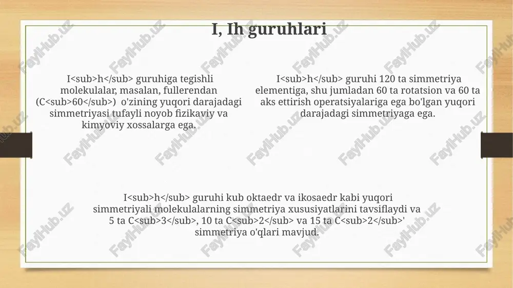 entlari ham mavjud bo'ladi, bu esa molekulaning simmetriyasini batafsil tavsiflashga imkon beradi. dₙd guruhlari dₙd guruhlari, shu jumladan, sₙ o'qlarining mavjudligi bilan ajralib turadi va shu sababli n toq bo'lganda, molekulalarda inversiya markazi yo'q. dₙd guruhlari n sonli ikki marta qarama-qarshi c₂ o'qlari va n ta vertikal cₙ o'qlariga ega bo'lib, ular molekulalarning simmetriyasini tavsiflaydi. dₙd guruhiga kiruvchi molekulalarning umumiy xususiyati – ularning cₙ o'qi atrofida aylanish simmetriyasi va n ta vertikal c₂ o'qlarining mavjudligi. molekulalarning simmetriya elementlari tushunchasi molekulalarning simmetriya elementlari – bu molekulani oʻziga mos keltiradigan harakatlarni (aylanishlar, aks ettirish va boshqalar) ifodalovchi geometrik elementlar boʻlib, ularning soni va turi molekulaning simmetriya guruhiga belgilanadi, masalan, c 3 yoki σ v kabi. linear molekulalar (masalan, co 2 ) ∞c ∞ va σ h simmetriya elementlariga ega, bu ularning yuqori simmetriyasini koʻrsatadi, bu esa ularning fizik xossalariga, jumladan dipol momentiga ta'sir qiladi. bu xossalar molekulaning simmetriya guruhlari yordamida tasvirlanadi. molekulada …