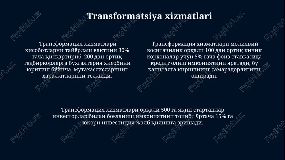 aktivga investitsiya qilishdan ko'ra xavfni 10 baravar kamaytirishi mumkin. moliyaviy innovatsiyalarni qo'llab-quvvatlash moliyaviy texnologiyalar (fintech)ning rivojlanishi, masalan, mobil to'lovlar tizimlari va kriptovalyutalarning paydo bo'lishi, 20% ga yaqin moliyaviy operatsiyalarni tezlashtirib, samaradorlikni oshirdi. davlat tomonidan qo'llab-quvvatlanadigan 10 ta yangi inkubator va akseleratorlarning ochilishi, 300 dan ortiq startaplarga moliyaviy innovatsiyalar sohasida rivojlanishiga yordam berdi. kichik va o'rta bizneslar uchun crowdfunding platformalarining paydo bo'lishi, 5000 dan ortiq yangi loyihalarning moliyalashtirilishiga yordam berdi va iqtisodiy o'sishga hissa qo'shdi. mijozlarga qulaylik kichik va o'rta biznes sub'ektlari uchun moliyaviy vositachilar orqali 5-10% gacha kamroq foiz stavkalari bilan kredit olish imkoniyati mavjud. banklar va boshqa moliyaviy institutlar mijozlarga o'z mablag'larini samarali boshqarishda yordam beruvchi, masalan, investitsiya portfellarini tuzish va xavfni diversifikatsiya qilish kabi, 20 dan ortiq xizmatlarni taklif qiladi. moliyaviy vositachilar orqali mijozlar 100 dan ortiq turdagi moliyaviy mahsulotlarga, shu jumladan kreditlar, investitsiyalar va sug'urtaga qulaylik bilan kirish imkoniga ega bo'ladilar. e'tiboringiz uchun rahmat @taqdimot_robot image1.jpg