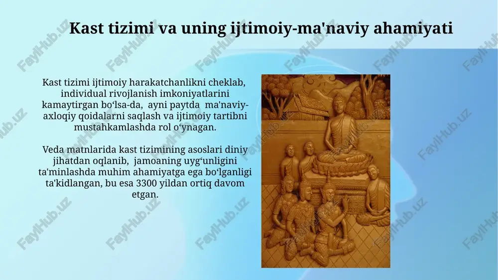 ) va bhakti yoga (ibodat yo'li) – insonning moksha (ozodlik)ga erishish yo'llarini taklif qiladi. dharma, karma va samsara tushunchalari karma qonuniga ko’ra, har bir amal, hatto kichik bir harakat ham, kelajakdagi reinkarnatsiyani (taxminan 7 ta hayot) belgilaydi va shaxsning samsara siklidagi o’rnini aniqlaydi. dharma, karma va samsara tushunchalari 3 ta asosiy ta’limotni o’z ichiga oladi: dharma (adolatli hayot), karma (amal natijasi) va samsara (qayta tug’ilish sikli). ular bir-biriga chambarchas bog’liqdir. vedik dinning kelajagi qadimgi vedalar 3 ta gunaning muvozanatini ta'kidlaydi – sattva, radžas va tamas, bu esa kelajakdagi oziq-ovqat tizimlarini shakllantirishda muhim rol o'ynashi mumkin. vedik ovqatlanishining 7 ta asosiy tamoyili, o'simlik mahsulotlariga ustunlik berish bilan, kelajakda barqaror va atrof-muhitga mos keladigan oziq-ovqat tizimini yaratishda yordam beradi. e'tiboringiz uchun rahmat @taqdimot_robot image2.jpg image3.jpg image4.jpg image5.jpg image6.jpg image7.jpg image8.jpg image9.jpg image10.jpg image11.jpg image12.jpg image13.jpg image14.jpg image15.jpg image16.jpg image17.jpg image18.jpg image1.png
