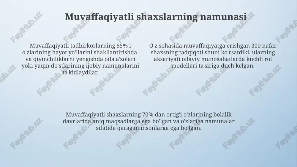 r. modellashtirish orqali o‘quvchilar 3d modellashtirish dasturlari yordamida 20 dan ortiq murakkab geometrik shakllarni o‘rganib, fazoviy tasavvurlarini rivojlantiradilar. simulyatsiya va modellashtirish orqali murakkab hodisalarni soddalashtirib, 3-5 marta kamroq vaqt sarflab chuqurroq tushunishga erishadilar. ota-onalar va o'qituvchilarning roli o'qituvchilar, o'quv jarayonida 20%dan ortiq vaqtni modellashtirishga bag'ishlashi, talabalarning amaliy ko'nikmalarini rivojlantirish va o'z-o'zini tarbiyalashga undash orqali ijobiy ta'sir ko'rsatadi. ota-onalar bolaning o'qishga bo'lgan munosabatini shakllantirishda muhim rol o'ynaydi, 70% gacha muvaffaqiyatga ota-ona bilan bolaning o'zaro munosabatlari ta'sir qiladi, shuning uchun samarali hamkorlik juda muhim. ota-onalar va o'qituvchilarning birgalikdagi harakatlari, masalan, 3-5 yoshli bolalar uchun o'yin orqali modellashtirish yoki kattaroq yoshdagilar uchun loyihalar ustida ishlash, bolaning ijtimoiy-emotsional rivojlanishiga ijobiy ta'sir qiladi. o'quvchilarning shaxsiy rivojlanishiga ta'siri modellar o'quvchilarning ijtimoiy-axloqiy normalarini shakllantirishda muhim rol o'ynaydi, ularning 70% atrof-muhit ta'siri ostida shakllanib, ijtimoiy moslashuvchanlikni yaxshilaydi. o'quvchilarning o'ziga ishonch hissini 20% ga oshirishda model bo'lib xizmat qilish, mustaqil fikrlash va muammolarni hal qilish qobiliyatlarini rivojlantirishga yordam beradi. …