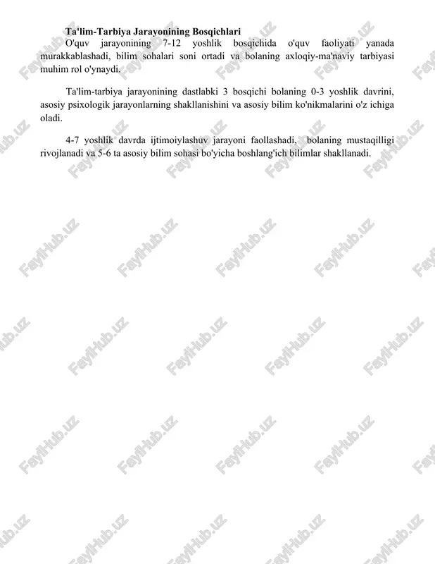 ashadi, bilim sohalari soni ortadi va bolaning axloqiy-ma'naviy tarbiyasi muhim rol o'ynaydi. ta'lim-tarbiya jarayonining dastlabki 3 bosqichi bolaning 0-3 yoshlik davrini, asosiy psixologik jarayonlarning shakllanishini va asosiy bilim ko'nikmalarini o'z ichiga oladi. 4-7 yoshlik davrda ijtimoiylashuv jarayoni faollashadi, bolaning mustaqilligi rivojlanadi va 5-6 ta asosiy bilim sohasi bo'yicha boshlang'ich bilimlar shakllanadi. 📌xulosa mtt bolalar harakati tarbiyaviy jarayonini loyihalashda bolalarning har tomonlama rivojlanishiga, ularning ijodiy salohiyatini oshirishga va mustaqil fikrlashga asoslangan kompleks yondashuv natijadorligini ta'minlaydi. 📚foydalanilgan adabiyotlar 1. bolalarni tarbiyalash va o'qitishda zamonaviy yondashuvlar. (sovremennie podxodi k vospitaniyu i obucheniyu detey) 2. maktabgacha yoshdagi bolalarni rivojlantirishning psixologik-pedagogik asoslari. (psixologo-pedagogicheskie osnovi razvitiya detey doshkolnogo vozrasta) 3. oila va maktabning hamkorligi: bolaning shaxsiy rivojlanishi uchun