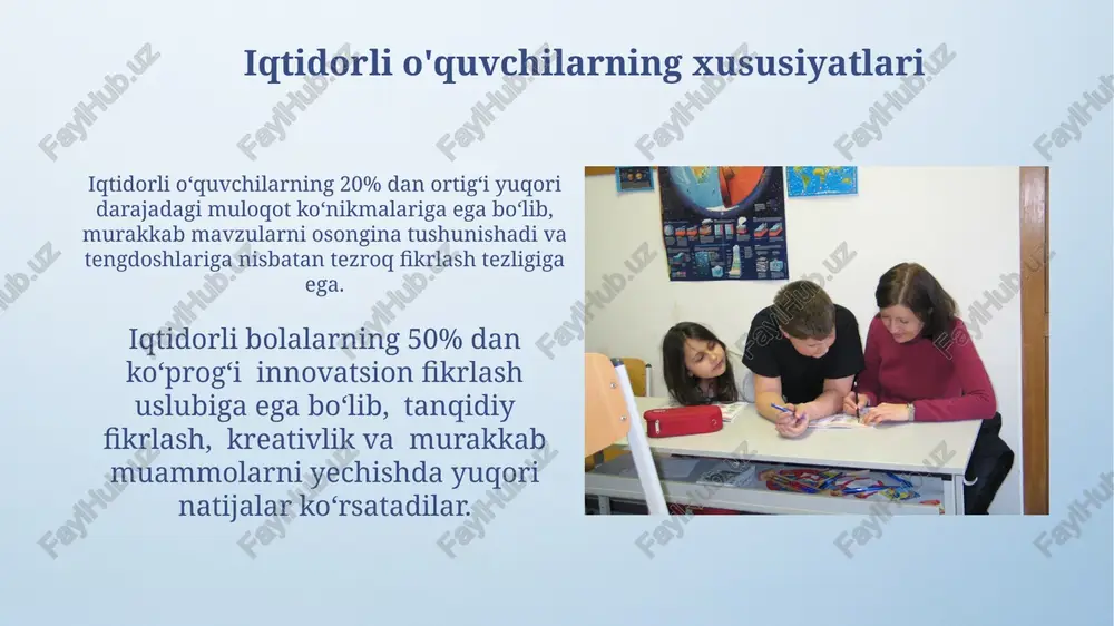irishga yordam beradi. gifted bolalar uchun maxsus topshiriqlarning murakkablik darajasi 3-5 ballga oshishi, chuqurroq bilimlarni o'zlashtirishga olib keladi. farqlash uslublari kamida 5 xil farqlash uslubini qo'llash, masalan, o'quv materiallari, topshiriqlar va baholash usullarini diversifikatsiya qilish, o'quv jarayonini 80% ga samarali qiladi. differensiatsiya qilishda, 20% o'quvchilarga moslashtirilgan vazifalar berish, 60% o'quvchilarga standart topshiriqlar, qolganlariga esa qo'shimcha yordam ko'rsatish samarali. mustaqil ishlashni tashkil etish o'quvchilarning mustaqil ishlarini baholashda 3 ball tizimidan foydalaning: yakuniy natija, jarayon va taqdimot ko'nikmalarini baholang. mustaqil ishlash uchun 3-5 ta variant taklif qiling, har bir variant uchun 15-20 daqiqa vaqt ajrating va o'quvchilarning individual ehtiyojlarini hisobga oling. e'tiboringiz uchun rahmat @taqdimot_robot image4.png image5.jpg image6.jpg image7.jpg image8.jpg image9.jpg image10.jpg image11.jpg image12.jpg image13.jpg image14.jpg image15.jpg image16.jpg image17.jpg image18.jpg image19.jpg image20.jpg image21.jpg image3.jpeg