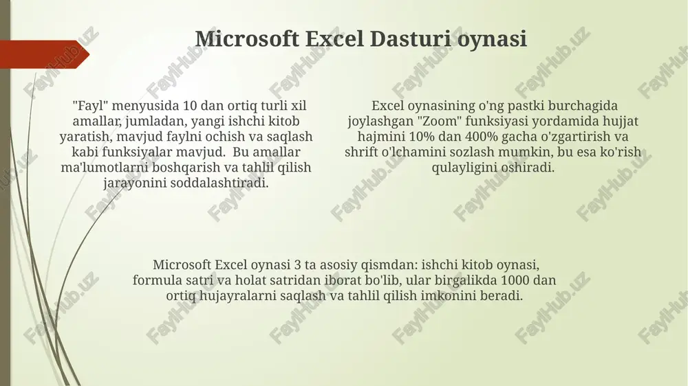 lar, shriftlar, chegaralar va sarlavhalar mavjud bo'lib, grafiklarni aniqroq va jozibador qilishga yordam beradi. excel'dagi grafiklarga ma'lumotlar seriyasini qo'shish orqali, 5 tagacha turli toifadagi ma'lumotlarni bitta grafikda taqqoslash va tahlil qilish imkoniyati mavjud. microsoft excel dasturida 2d va 3d grafik turlarini, jumladan, ustunli, chiziqli, yoysimon va tarqalish diagrammalarini yaratish mumkin, bu ma'lumotlarni vizual ravishda taqdim etish imkonini beradi. ustun va qatorlar har bir hujayra ustun va qatorning kesishmasida joylashgan bo'lib, aniq manzilga ega, masalan, a1, b2 yoki c100 kabi, bu hujayralarda raqamlar, matnlar, formulalar va boshqa ma'lumotlar saqlanadi. ustunlarning kengligi va qatorlarning balandligi foydalanuvchi tomonidan o'zgartirilishi mumkin, bu esa ma'lumotlarning ko'rinishini va formatini boshqarish imkonini beradi, bu esa jadvallarni yanada o'quvchan qiladi. ustunlar va qatorlar excel varaqining asosiy tarkibiy qismlarini tashkil qilib, ular a dan xfd gacha bo'lgan ustunlar va 1 dan 1048576 gacha raqamlangan qatorlardan iborat bo'lib, ma'lumotlarni joylashtirish uchun tarmoq hosil qiladi. ishchi varaqlar ishchi varaqlar excel faylining …