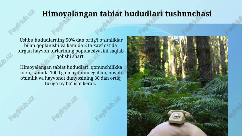 ularning yo'qolish xavfini oshirmoqda. himoyalangan tabiiy hududlarning infratuzilmasining etishmasligi va mablag' etishmovchiligi, ekologik monitoringning samaradorligini 20% gacha pasaytirmoqda. tabiiy resurslardan oqilona foydalanish suv resurslaridan oqilona foydalanish, yillik suv iste'moli hajmini 15% ga kamaytirish va qayta ishlash texnologiyalaridan foydalanishni 20% ga oshirish orqali ta'minlanadi. tabiiy resurslardan oqilona foydalanish, o'simlik va hayvonot dunyosining 30% dan ortig'ini himoya qilishga qaratilgan qo'riqxonalar tizimini rivojlantirish orqali amalga oshiriladi. flora va faunaning xilma-xilligini saqlash genetik boylikni saqlash uchun kamida 500 ta o'simlik va hayvon turlari uchun muhofaza qilinadigan yashash joylariga ehtiyoj seziladi, bu esa bioxaritalashtirish orqali aniqlanadi. muvaffaqiyatli tabiatni muhofaza qilish dasturlari, o'rtacha 20 yildan ortiq davom etadi va kamida 10 ta turdagi o'simlik va hayvonlar populyatsiyasining o'sishiga olib keladi. e'tiboringiz uchun rahmat @taqdimot_robot image2.jpg image3.jpg image4.jpg image5.jpg image6.jpg image7.jpg image8.jpg image9.jpg image10.jpg image11.jpg image12.jpg image13.jpg image14.jpg image15.jpg image16.jpg image17.jpg image18.jpg image1.png