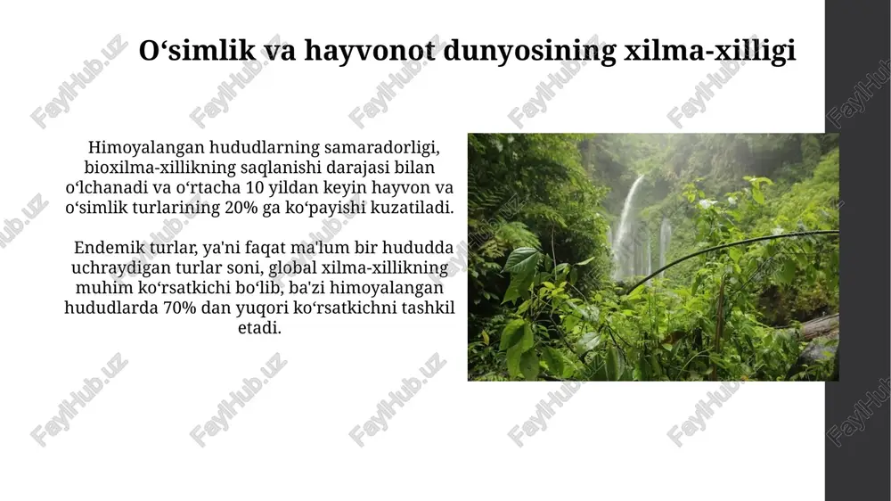 imlik hamda hayvon turlarining muhofazasi uchun ahamiyatlidir. ekologik turizm va himoyalangan hududlar ekologik turizm, himoyalangan tabiiy hududlarning 30% gacha daromadini ta'minlashi mumkin, bu esa ularning saqlanishi va rivojlanishiga sezilarli hissa qo'shadi. o'rtacha hisobda, har bir ekologik turizm tashrifi himoyalangan hududlarning saqlanishiga 10-15 aqsh dollari miqdorida mablag' jalb qilishi mumkin. moliyalashtirish va boshqaruv moliyalashtirishning 70% dan ortig'i davlat byudjetidan, qolgan qismi esa xalqaro grantlar va xususiy investitsiyalar hisobidan amalga oshiriladi, bu esa bioxilma-xillikni saqlashga katta hissa qo'shadi. yovvoyi tabiatni muhofaza qilish uchun yiliga o'rtacha 2 million dollar miqdorida mablag' ajratiladi, bu mablag'lar patrul xizmati, infratuzilmani rivojlantirish va ekologik ta'limga sarflanadi. e'tiboringiz uchun rahmat @taqdimot_robot image1.jpg image2.jpg image3.jpg image4.jpg image5.jpg image6.jpg image7.jpg image8.jpg image9.jpg image10.jpg image11.jpg image12.jpg image13.jpg image14.jpg image15.jpg image16.jpg image17.jpg