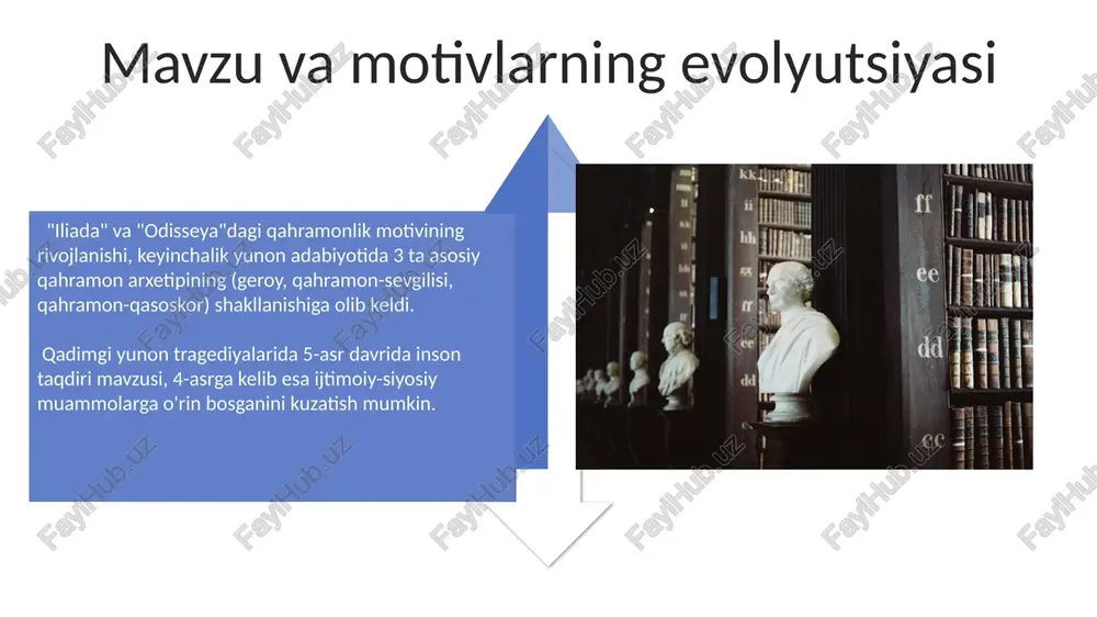 r davom etgan bo'lib, 3 asosiy davrga: qadimgi, klassik va keyingi davrlarga bo'linadi, har biri o'ziga xos uslub va temalarga ega. davrlarning xronologiyasi va chegaralari sharq adabiyoti davrlarining chegaralanishi, masalan, islomiy davr (vii asrdan boshlab) ning boshlanishi, diniy va madaniy o'zgarishlar bilan bog'liq bo'lib, o'tmishdagi adabiy an'analar bilan yangi adabiy uslublarning uyg'unlashuvi kuzatiladi. qadimgi yunon adabiyoti davrlarining chegaralanishi, masalan, arxaik davr (miloddan avvalgi viii-vi asrlar) va klassik davr (miloddan avvalgi v-iv asrlar) o'rtasidagi aniq chegaralar ko'pincha mualliflarning fikriga bog'liq bo'lib, ba'zi mualliflar o'tish davrini ta'kidlashadi. klassik adabiyotda davrlashtirish printsiplari klassik adabiyotda asarlarning 3 ta asosiy davr (davrlashtirish) tuzilishi – qadimgi yunon, rim va uyg'onish davri adabiyoti namunalarida kuzatiladi, bu davrlarning har biri o'ziga xos estetik va ijtimoiy me'yorlarga ega. klassik she'riyatda 14 satrli sonetlarning 2 qismga bo'linishi (oktava va sestet) va ularning mavzularini 2 qismga bo'lish printsipi davrlashtirishning muhim elementi hisoblanadi. e'tiboringiz uchun rahmat @taqdimot_robot image4.jpg image5.jpg image6.jpg image7.jpg image8.jpg …