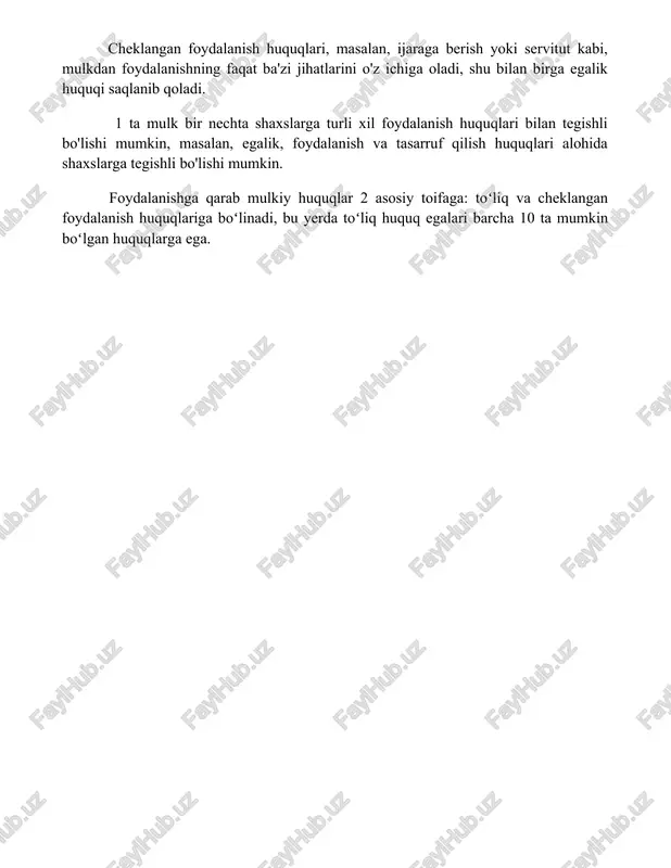 sarruf qilish huquqlari alohida shaxslarga tegishli bo'lishi mumkin. foydalanishga qarab mulkiy huquqlar 2 asosiy toifaga: toʻliq va cheklangan foydalanish huquqlariga boʻlinadi, bu yerda toʻliq huquq egalari barcha 10 ta mumkin boʻlgan huquqlarga ega. 📌xulosa mlk huquqlarini tasniflash mulkning turlari, egalik qilish shakllari va undan foydalanish tartiblariga ko'ra amalga oshirilishini ko'rsatadi. bu tasnif huquqiy munosabatlarni aniqlashtirish va mulkdorlarning huquqlarini himoya qilishda muhim ahamiyatga ega. 📚foydalanilgan adabiyotlar 1. demsetz, x. (1967). toward a theory of property rights. american economic review, 57(2), 347-359. 2. alchian, a. a. (1965). some economics of property rights. in the economics of property rights (pp. 1-16). springer, dordrecht. 3. coase, r. h. (1960)