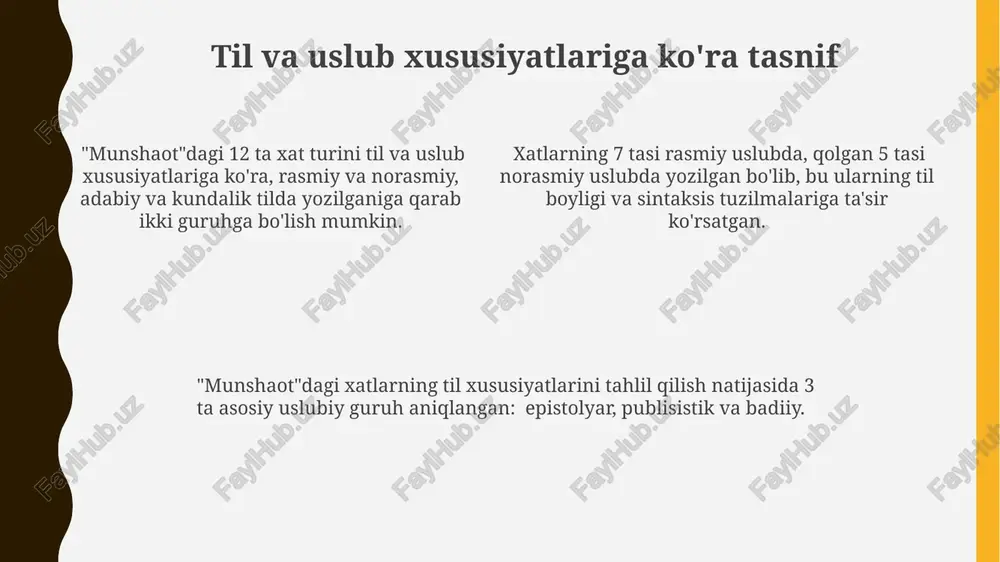 shaxsiy) 3 ta asosiy guruhga boʻlinadi. mualliflikka oid tasnif taxminan 150 dan ortiq xatni o'z ichiga olgan "munshaot" to'plami ichida mualliflikka oid tasnifga ko'ra 20% dan ortig'i davlat ishlari bilan bog'liq rasmiy xatlardir. "mualliflikka oid tasnif"da "munshaot"dagi xatlar 3 asosiy guruhga: rasmiy, norasmiy va shaxsiy xatlarga bo'linadi, har bir guruh o'ziga xos til va uslub xususiyatlariga ega. "mualliflikka oid tasnif"da xatlarning mazmuni, muallifning ijtimoiy mavqei va xat yozilgan vaqt oralig'i kabi omillarni hisobga olgan holda 5 ta kichik toifaga bo'linishi mumkin. e'tiboringiz uchun rahmat @taqdimot_robot