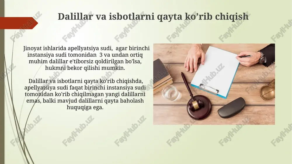 yatsiya jarayonida vakillar ishtiroki apellyatsiya shikoyatini berish muddati 15 kun bo'lib, vakil ushbu muddat ichida sudga tegishli hujjatlarni taqdim etishi shart. apellyatsiya sudi majlisida vakilning ishtiroki majburiy emas, lekin u ishtirok etsa, ishonchnoma va 2 nusxada tayyorlangan bayonot taqdim etishi kerak. apellyatsiya jarayonida ishtirok etuvchilarning huquqlari va majburiyatlari sud apellyatsiya jarayonida ishtirok etuvchilarning huquqlarini himoya qilish, ularga protsessual huquqlarini tushuntirish, dalillarni to'liq va xolis tekshirish va qonun hujjatlariga muvofiq adolatli qaror qabul qilish majburiyatiga ega. javobgar tomon apellyatsiya shikoyati bilan tanishish, unda ko'rsatilgan dalillarga munosabat bildirish va o'z dalillarini taqdim etish huquqiga ega, shuningdek, 15 kun ichida apellyatsiya shikoyatiga javob berishi shart. e'tiboringiz uchun rahmat @taqdimot_robot image1.jpg image2.jpg image3.jpg image4.jpg image5.jpg image6.jpg image7.jpg image8.jpg image9.jpg image10.jpg image11.jpg image12.jpg image13.jpg image14.jpg image15.jpg image16.jpg image17.jpg