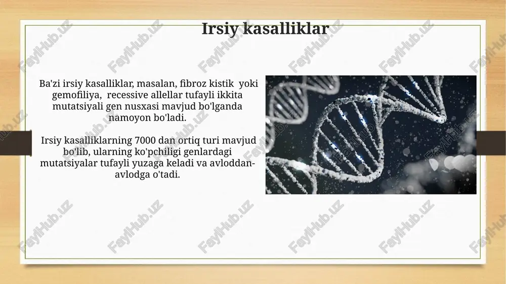 n ortig'i p53 genidagi mutatsiyalar bilan bog'liq bo'lib, hujayralar o'sishini nazorat qilish mexanizmlarini buzadi va saraton rivojlanishiga olib keladi. xayvonlarda o'tkazilgan tadqiqotlar shuni ko'rsatdiki, brca1/2 genlaridagi mutatsiyalar ko'krak va tuxumdon saratoni xavfini sezilarli darajada (50-80%) oshiradi. mutatsiyalarning turlari punkt mutatsiyalari, bitta nukleotidning o'zgarishi (misol uchun, a dan g ga), oqsil tuzilishiga ta'sir qilishi yoki qilmasligi mumkin, bu oqsilning funktsiyasi va organizmga ta'sirini belgilaydi. katta miqyosdagi mutatsiyalar, masalan, xromosoma delitsiyasi yoki duplikatsiyasi, bir nechta genlarni o'z ichiga olishi va jiddiy fenotipik o'zgarishlarga olib kelishi mumkin; 1000 dan ortiq genlar ta'sirlanishi mumkin. e'tiboringiz uchun rahmat @taqdimot_robot image7.jpg image8.jpg image9.jpg image10.jpg image11.jpg image12.jpg image13.jpg image14.jpg image15.jpg image16.jpg image17.jpg image18.jpg image19.jpg image20.jpg image21.jpg image22.jpg image23.jpg image3.png image4.png