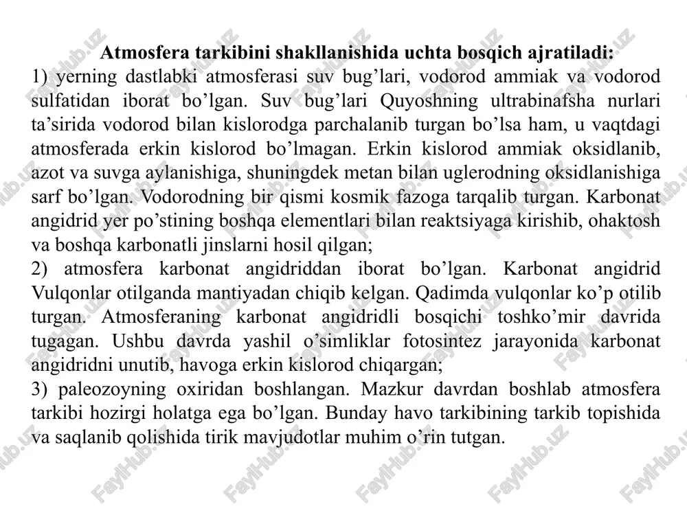 ida ayniqsa quyosh nuri tarkibidagi ultrabinafsha nurlarini ko`proq tutib qoladi va yerga uni me'yoriy miqdorda o`tkazadi. ultrabinafsha nurining me'yorda bo`lishi tiriklik uchun muhim hisoblanadi: uning yerga ko`p tushishi terini kuydirib, teri – rak kasalliklarini keltirib chiqaradi, yetarli bo`lmasligi esa turli xildagi kasallik tarqatuvchi mikroorganizmlarning ko`payishiga sharoit yaratadi. ozon (qadimgi yunon tilidan ὄζω – hidli). u zaharli gazdir, o’tkir hidga ega. ozon qatlami yer yuzidagi barcha hayot uchun juda muhim rol o'ynaydi. uning yordamida barcha tirik mavjudotlarga zarar yetkazadigan ultrabinafsha nurlar yer yuzasiga yetib bormaydi. agar biz yer yuzidagi barcha ozonlarni to'plasak, uning qalinligi faqatgina 0,25 sm bo'ladi. osmon deyarli qora bo’lib, sababi esa havo tarkibidagi gazlarning molekulalari ko'k va binafsha nurlar tarqalib, osmonni ko'k rangga aylantiradi. shuning uchun yer yuzasidan ko'k osmonni ko'ramiz. ozon qatlamini kashf etilganiga 181 yil bo’ldi. birinchi marta 1840 yilda kashf etilgan, 1786 yilda gollandiyalik olim martin van marum elektr mashinalarida ishlayotgan vaqtida elektrlashtirilgan havo hidni …