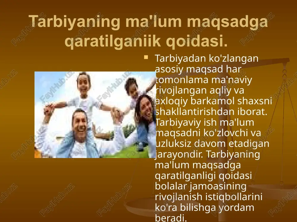 biridan farqlanishini hisobga olish zarur. oilaviy tarbiyada oilaning moddiy farovonligi, madaniy-ma'naviy saviyasi, osoyishtaligi, oila a'zolarining soni, tarkibi alohida ahamiyat kasb etadi. o'quv maskanlarida beriladigan ta'lim-tarbiya darajasi bilan o'quvchi-talaba shaxsining oilaviy turmush tarzi orasidagi aloqadorlikning pedagogik jihatdan ta'minlanganligi hamda ta'lim oluvchilarning yutuqlari, ularda shaxsiy sifatlarning tarkib topib borishini jadallashtiradi. e’tiboringiz uchun rahmat! image1.jpeg image2.jpeg image3.jpeg image4.jpeg image5.jpeg image6.jpeg image7.jpeg image8.jpeg image9.jpeg image10.jpeg /docprops/thumbnail.jpeg