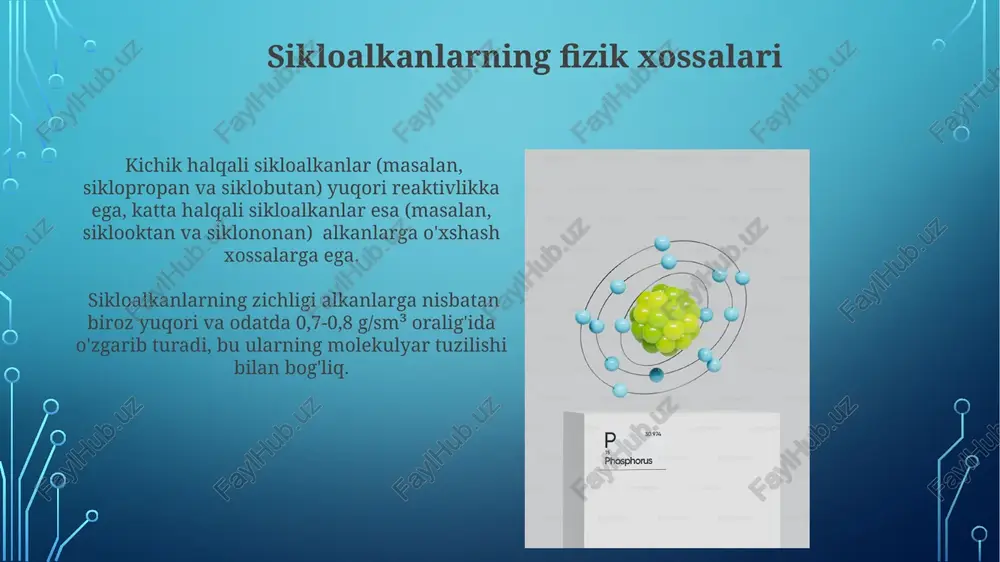 °c), qaynash temperaturasiga asoslanib, atmosfera bosimidagi fraktsion distillyatsiyada aniq ajratiladi va keyinchalik turli kimyoviy mahsulotlar ishlab chiqarishda ishlatiladi. harorat va bosimning roli 70-150°c atrofidagi fraktsiyalarda tsikloalkanlarning kontsentratsiyasi yuqori bo'lib, bu temperatura va bosimning naftan ajratishdagi rolini ko'rsatadi. bosimning pasayishi qaynash nuqtasini pasaytiradi, bu esa yuqori qaynash temperaturasiga ega bo'lgan tsikloalkanlarni ham kamroq energiya sarfi bilan ajratib olish imkoniyatini beradi, masalan, 1 atm dan 0.5 atm gacha. atrof-muhit muhofazasi masalalari neftni qayta ishlash jarayonida 10-15% gacha bo'lgan chiqindilar hosil bo'ladi, bu atrof-muhit ifloslanishiga olib keladi va ularni qayta ishlash yoki zararsizlantirish uchun qo'shimcha xarajatlar talab etiladi. neft mahsulotlarini yoqish natijasida havoga 20 dan ortiq zararli gazlar, jumladan, uglerod oksidi va oltingugurt dioksidi chiqariladi, bu kislotali yomg'ir va issiqxona effektini kuchaytiradi. kelajakdagi tadqiqotlar yo'nalishlari har xil katalizatorlar qoʻllanilgan holda neftning piroliz jarayonlarini oʻrganish va sikloalkanlar hosil boʻlishining selektivligini 5-10% ga oshirishga qaratilgan eksperimental tadqiqotlar oʻtkazish lozim. sikloalkanlarning izomerlari sonini aniqlash va ularning …