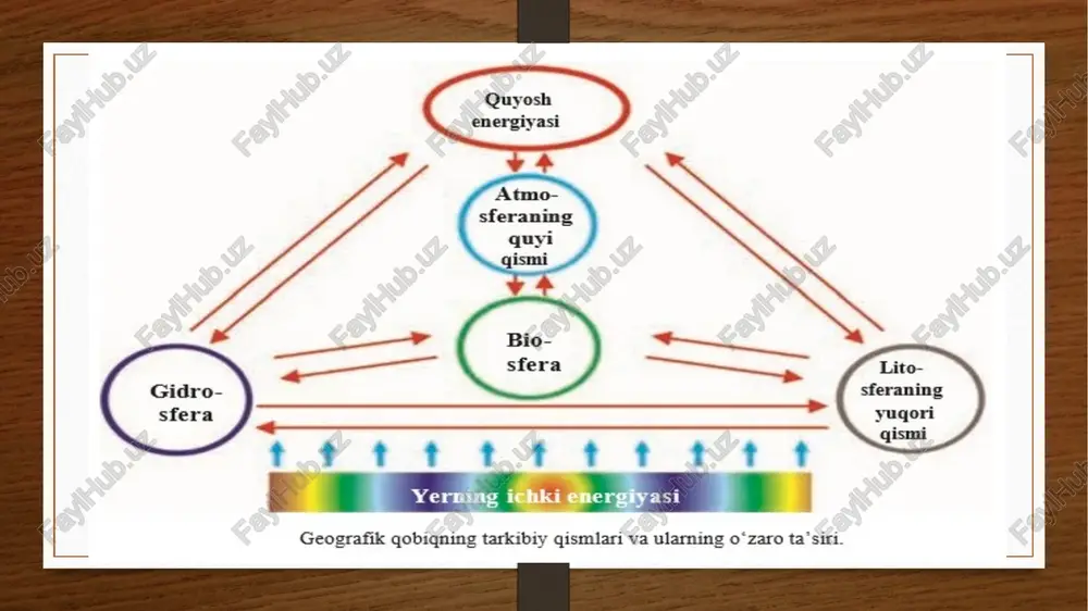 n holatda bo’ladi. kristall holatdagi muzliklar tarkibidagi elementlar migratsiyasi sust kechadi biosfera geokimyosi biosfera geokimyosi- geografik qobiqdagi organizmlar tarkibidagi: tanasi, qoni, suyak va boshqa azolari tarkibidagi kimyoviy elementlarning klarkidir. biosferada modda va energiya almashinuvda bo’ladi. masalan, quyosh nuri ta’sirida o’simliklar havo tarkibidagi co2 ni yutib, o2 ga aylantirib beradi. lekin bu orada h2o bilan co2 reaksiyaga kirishib, saxaroza h2c6o12 hosil bo’ladi. shuningdek, inson tanasining 70% i h2o dan iborat, suyagining 79% qismi ca, 18% qismi f dan iborat. qon tarkibida ham 13 % mg, 1,2 % br bo’ladi. umuman, tabiatda biosfera doirasida moddalarning migratsiyasi bo’ladi, bunda organizmlar tabiiyki ishtirok etadi. tirik organizmlarning tabiatga ta’siri tirik organizmlar tabiatga turlicha ta’sir etadi. masalan, zambrug’lar chiritadi, bakteriyalar achitadi; yerosti organizmlari chirindililikni oshiradi- tuproqni g’ovaklashtirib, kislorod aylanishini ta’minlaydi. o’simliklar tuproqni mustahkamlaydi, o’zi esa tuproq va havo tarkibidagi moddalarni tortib oladi. lekin tabiatga eng katta ta’sir etadigan kuch- bu insondir. u adirlarni tekislaydi, jarliklarni to’ldiradi, …