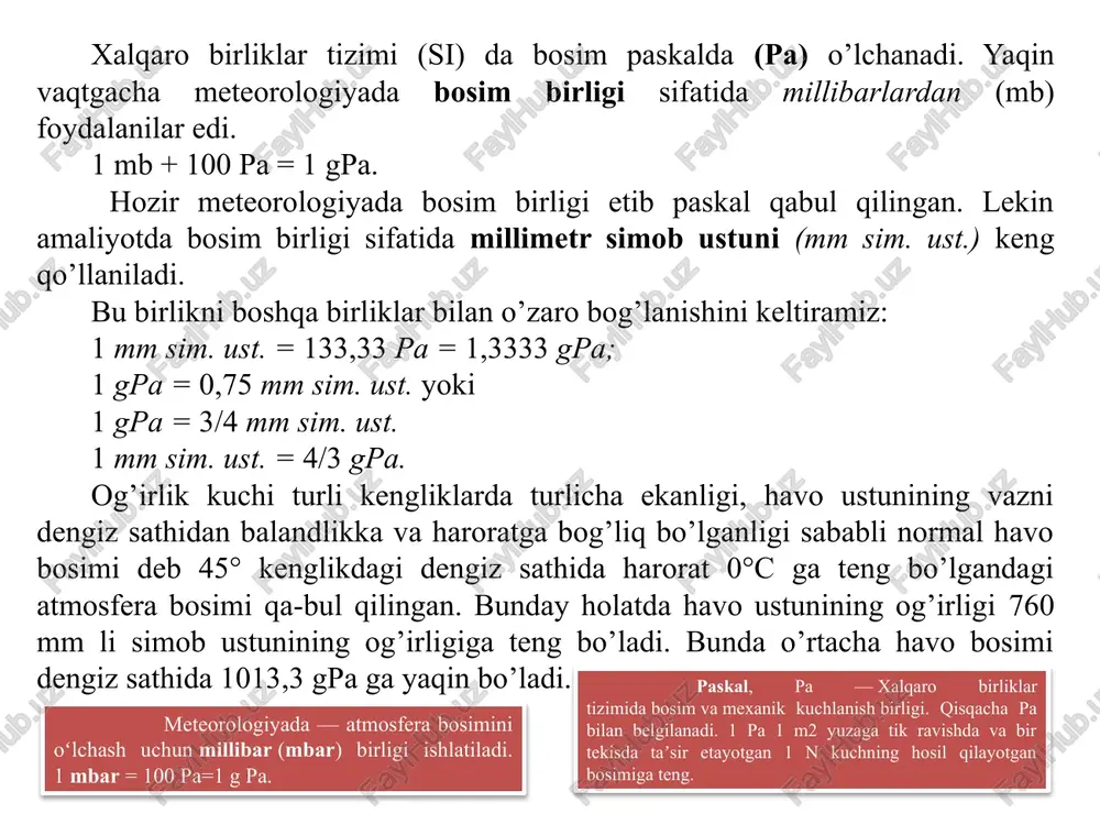 eng bosimlar chizig’ini, ya’ni izobarlarni hosil qilamiz (36-rasm). izobara - xaritada atmosfera bosimi bir xil bo'lgan nuqtalarni birlashtiradigan chiziq. atmosfera bosimining o’rta osiyo bo’ylab taqsimlanishi. o’rta osiyodagi mustaqil respublikalar hududlarida atmosfera bosimi bir xil taqsimlanmagan. yilning qish oylari, shu jumladan, yanvarda dengiz sathidagi eng yuqori havo bosimi (1028,9 mb) qirg’iziston respublikasining shimolidagi chu daryosi vodiysida kuzatiladi. shu paytning o’zida past bosim (1022 - 1024 mb) kaspiy dengizining janubiy qismida va turkmaniston respublikasining janubi-g’arbiy rayonlarida ko’proq kuzatiladi. tyan-shan va pomir usti markazida bosimi 1045 mb bo’lgan orografik antisiklon mavjud bo’ladi. bu yerda bosim gradienti pastga, pasttekisliklar tomon yo’nalgan. izobarlar 1018, 1017, 1016 mb o’rta osiyoda kenglik bo’ylab joylashib, qozog’iston respublikasi ustidagi maksimal bosimning janubiy holatini aks ettiradi. bosim gradientlari shimoldan janubga yo’nalgan. orol dengizi rayonida izobarlar 1017 va 1016 mb janubga qarab bukiladi. izobar 1015 mb esa turkmaniston respublikasining janubiy chegarasi va eron bo’ylab o’tadi. past bosimli oqim pomirning janubiy rayonlaridan …