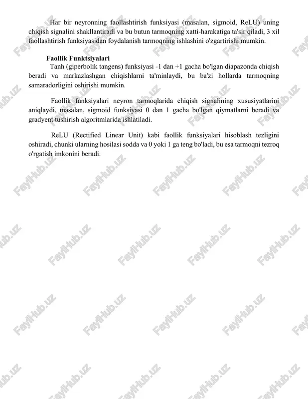 lishi mumkin. neyronlarning soni va ular orasidagi ulanishlarning murakkabligi tarmoqning quvvatini va murakkab vazifalarni bajarish qobiliyatini aniqlaydi, masalan, 1000 ta neyron va 5000 ta ulanishli oddiy tarmoq ancha murakkab vazifalarni bajara olmaydi. har bir neyronning faollashtirish funksiyasi (masalan, sigmoid, relu) uning chiqish signalini shakllantiradi va bu butun tarmoqning xatti-harakatiga ta'sir qiladi, 3 xil faollashtirish funksiyasidan foydalanish tarmoqning ishlashini o'zgartirishi mumkin. faollik funktsiyalari tanh (giperbolik tangens) funksiyasi -1 dan +1 gacha bo'lgan diapazonda chiqish beradi va markazlashgan chiqishlarni ta'minlaydi, bu ba'zi hollarda tarmoqning samaradorligini oshirishi mumkin. faollik funksiyalari neyron tarmoqlarida chiqish signalining xususiyatlarini aniqlaydi, masalan, sigmoid funksiyasi 0 dan 1 gacha bo'lgan qiymatlarni beradi va gradyent tushirish algoritmlarida ishlatiladi. relu (rectified linear unit) kabi faollik funksiyalari hisoblash tezligini oshiradi, chunki ularning hosilasi sodda va 0 yoki 1 ga teng bo'ladi, bu esa tarmoqni tezroq o'rgatish imkonini beradi. 📌xulosa neyron tarmog'ining tuzilishi va arxitekturasi uning samaradorligini belgilaydi. murakkab arxitekturalar ko'proq ma'lumotni qayta …