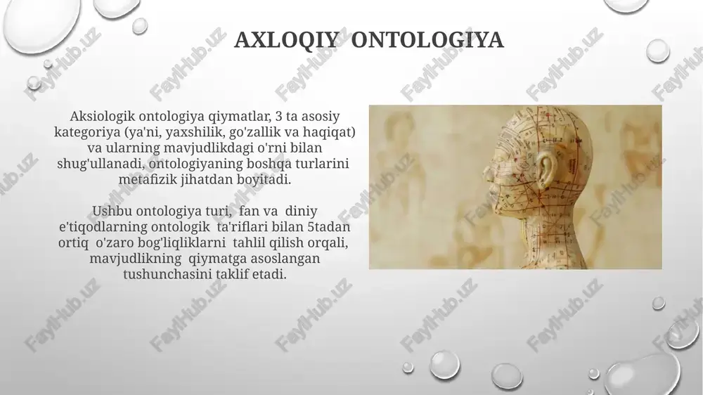 ning o'zaro bog'liqligi va o'zaro ta'sirini o'rganadi. ontologik relyativizm ko'p sonli, 3 dan ortiq, ontologik tizimlarning teng huquqliligini va bir-biriga nisbatan nisbiy xususiyatlarini ta'kidlaydi. klassik va klassik bo'lmagan ontologiyaning solishtiruvi klassik ontologiya ob'ektlarning mustaqilligini ta'kidlasa, klassik bo'lmagan ontologiya o'zaro bog'liqlik va munosabatlarga, masalan, 3 darajali munosabatlarga e'tibor qaratadi. klassik ontologiya olamni 10 ga yaqin asosiy kategoriyalar orqali tushuntirsa, klassik bo'lmagan ontologiya ko'proq, 20 dan ortiq kategoriyadan foydalanib, ko'p qirrali dunyoqarashni taklif etadi. metafizika bilan aloqalar noan'anaviy ontologiya, 20-asrning ikkinchi yarmidan boshlab metafizikada paydo bo'lgan yangi tendentsiyalarni o'z ichiga olib, klassik metafizikaning 7 ta cheklovlarini tanqid qiladi va yangi yondashuvlar taklif qiladi. noan'anaviy ontologiya metafizikaning 3 ta asosiy yo'nalishi – ontologik pluralizm, modal realizm va propozitsiyonalizm bilan chambarchas bog'liq bo'lib, ularning 12 ta asosiy farqlarini aniqlash mumkin. e'tiboringiz uchun rahmat @taqdimot_robot image3.png image4.jpg image5.jpg image6.jpg image7.jpg image8.jpg image9.jpg image10.jpg image11.jpg image12.jpg image13.jpg image14.jpg image15.jpg image16.jpg image17.jpg image18.jpg image19.jpg image20.jpg image1.png