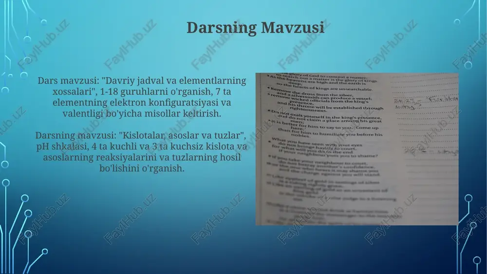 ushunchalarni ta'kidlash orqali, o'quvchilarning 70% dan ortig'i mavzuni tushunishiga erishish uchun turli o'quv usullaridan, jumladan, amaliy ishlar va muhokamalardan foydalanishi kerak. kimyoviy reaksiyalar tenglamalarini yozishda va hisoblashda o'qituvchi, o'quvchilarning 90% to'g'ri natijaga erishishi uchun, 5 dan ortiq misollarni tahlil qilish va yechish strategiyasini namoyish etishi lozim. o'quvchilarning roli har bir o'quvchi 2 ta kimyoviy reaksiya tenglamasini yozib, ularning 3 ta turli usulda muvozanatini tekshirishlari va natijalarni sinfdoshlari bilan muhokama qilishlari kerak. o'quvchilar 3 ta kichik guruhga bo'linib, har bir guruhga 5 ta turli xossalari bo'lgan 2 ta birikmaning formulalarini aniqlash vazifasi beriladi va ularning o'zaro taqqoslashini amalga oshirishadi. e'tiboringiz uchun rahmat @taqdimot_robot image3.jpg image4.jpg image5.jpg image6.jpg image7.jpg image8.jpg image9.jpg image10.jpg image11.jpg image12.jpg image13.jpg image14.jpg image15.jpg image16.jpg image17.jpg image18.jpg image19.jpg image2.png