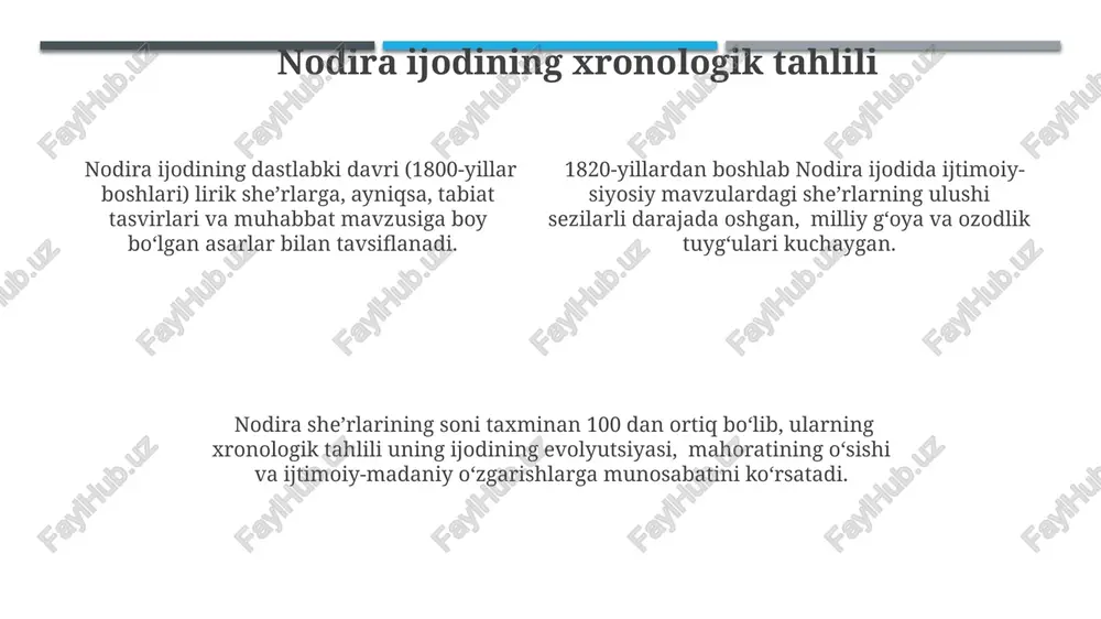 atsizlikka qarshi norozilik" mavzusi 18-asr oxiri – 19-asr boshlarida yashagan ayollar ijtimoiy mavqei va huquqlarining cheklanganligini aks ettiradi, 20 dan ortiq she'rlarida bu muammoni ko'taradi. nodira, "adolatsizlikka qarshi norozilik" she'rlarida, 3 turdagi retorik savol va undovlardan foydalanib, o'z davrining ijtimoiy muammolariga o'tkir tanqidiy munosabatini bildiradi, bu esa uning isyonkor ruhini ochib beradi. inson va jamiyat muammolari nodira ijtimoiy adolatsizlikka qarshi kurashni ta'kidlovchi 8 dan ziyod she'rlarida oddiy xalqning og'ir turmush sharoiti va zulmga qarshi norozilik hissiyatlari tasvirlangan. uning she'rlarida kamida 15 ta misolda ayolning ijtimoiy mavqei, ta'lim va erkinlikka bo'lgan huquqlari borasidagi dolzarb muammolar ko'tarilgan. nodira ijodida inson shaxsiyatining jamiyat oldidagi mas'uliyati, 20 dan ortiq she'rlarida aks ettirilgan ijtimoiy adolatsizlik va tengsizlik muammolari tahlil qilinadi. ayol qiyofasi va taqdiri nodira ayolning ichki dunyosini, uning his-tuyg'ulari va umidlarini ifodalashda ramziy til va metaforalardan – taxminan 50 dan ortiq – foydalangan, bu esa ayol taqdirining murakkabligini ochib beradi. nodira she'rlarida ayol qiyofasining …