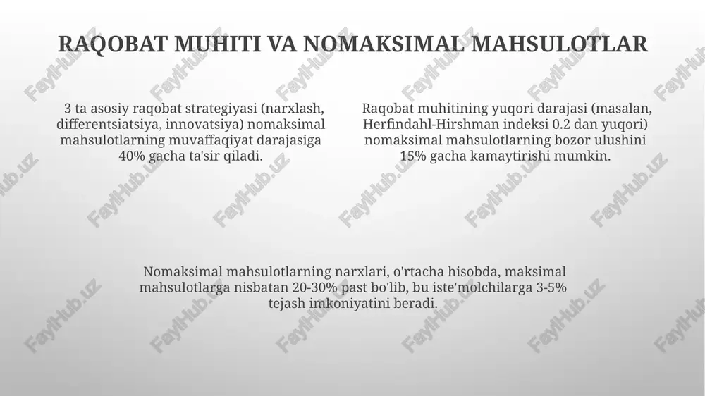 a qilinadi, bu esa uning katta foydalanuvchi bazasini va yuqori trafikni ko'rsatadi. “savol-javoblar” ning algoritmi 90% dan yuqori aniqlik bilan tegishli javoblarni topish imkonini beradi, bu esa platforma samaradorligini va sifatini ta'kidlaydi. nomaksimal mahsulotlarni takomillashtirish yo'llari mahsulotning raqobatbardoshligini oshirish uchun narxni 15% ga pasaytirish va sifatni 20% ga yaxshilashga erishish maqsadida yangi ta'minotchilar bilan hamkorlikni yo'lga qo'yish muhim. bozor tadqiqotlari natijalariga ko'ra, 30% iste'molchilar nomaksimal mahsulotlarning dizayni va ergonomikasini yaxshilashni talab qilmoqdalar, shuning uchun ushbu omillarga alohida e'tibor qaratish lozim. nomaksimal mahsulotlarning sifatini yaxshilash uchun 5% gacha xom ashyo sarfini kamaytirish va 10% ga ishlab chiqarish samaradorligini oshirishga qaratilgan yangi texnologiyalarni qo‘llash kerak. nomaksimal mahsulotlar bo'yicha tavsiyalar marketing xarajatlarini optimallashtirish maqsadida, 5ta eng kam sotiladigan mahsulotlarga sarflanadigan byudjetni qayta taqsimlash va yuqori daromad keltiradigan mahsulotlarni reklama qilishga yo'naltirish samarali bo'ladi. nomaksimal mahsulotlarni tahlil qilishda, 10% dan kamroq foiz ulushiga ega bo'lgan mahsulotlarni portfelni tozalash uchun ko'rib chiqish tavsiya etiladi, chunki …