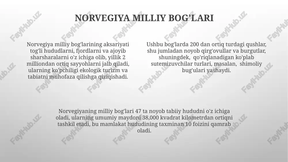 moya qiladi. fjordlarning chuqurligi va torligi ularni noyob ekosistemalarga aylantiradi, noyob dengiz hayotini va qirg'oq o'simliklarini muhofaza qiladi, shu bilan bioxillikni saqlashga yordam beradi. norvegiyaning 1000 dan ortiq fjordlari bor, ularning aksariyati ajoyib tabiiy go'zallik bilan ajralib turadi va yillik millionlab sayyohlarni o'ziga jalb qiladi, mamlakat iqtisodiyotini qo'llab-quvvatlaydi. stavanger va uning atrofi stavangerning stavanger katedraliga yaqinligi, 12-asrga oid romanesk uslubidagi me'moriy mo''jizasi turizmni yanada jozibador qiladi. stavanger porti, yillik 1,5 million kishilik yo'lovchi tashuvi bilan, shahar iqtisodiyotining muhim qismi bo'lib, kruiz kemalari turizmini qo'llab-quvvatlaydi. stavangerdagi viking muzeyi, 80 000 dan ortiq artefaktlarni o'z ichiga olgan keng ko'lamli eksponatlarni namoyish etadi, bu esa shaharning boy tarixiy merosini aks ettiradi. norvegiya turizmining kelajagi qishki sport turlari, ayniqsa chang'i sporti va snoubording, norvegiya turizmining muhim qismidir va kelgusi 10 yilda 5 million xorijiy sayyohlarni jalb qilish kutilmoqda. norvegiya turizmining kelajagi ekologik turizm va barqarorlikka yo'naltirilgan bo'lib, 2030-yilga kelib, bu sohaga 15% gacha investitsiyalarni …