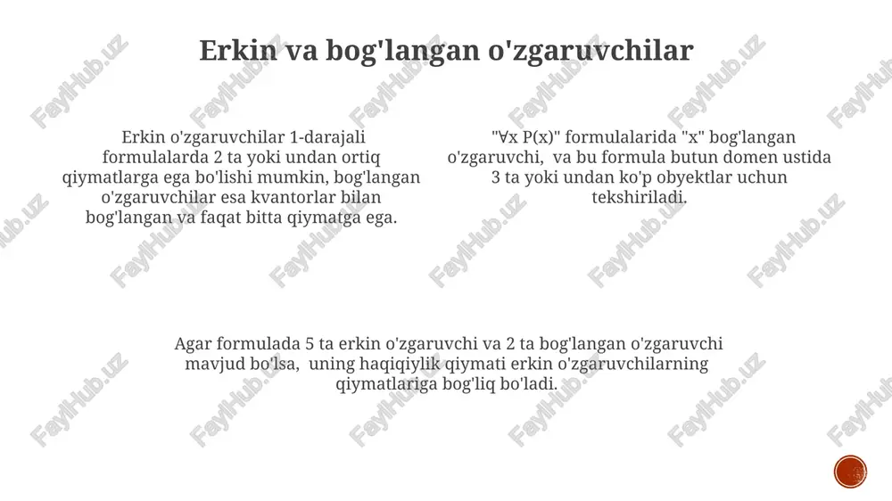 lar yordamida birikmasidan hosil bo'ladi, masalan, kon'yunksiya (∧), diz'yunksiya (∨) yoki implikatsiya (→) kabi ikki yoki undan ortiq argumentlarni o'z ichiga oladi. murakkab formulalarning rostlik qiymati tarkibiy qismlarining rostlik qiymatlariga va ular orasidagi mantiqiy amallarning ta'riflariga bog'liq bo'lib, 0 va 1 qiymatlarini qabul qilishi mumkin. formulalarni tuzish qoidalari noravshan mantigʻida formulalarni tuzishda, 0 va 1 kabi mantiqiy qiymatlar, shuningdek, ¬, ∧, ∨, → kabi ikki oʻrinli va bir oʻrinli bogʻlovchilar ishlatiladi. bir oʻrinli ¬ (inkor) bogʻlovchisidan foydalanib, biror formuladan faqat bitta formula hosil qilish mumkin, ammo ikki oʻrinli bogʻlovchilar bilan 2 ta formuladan yangi formula yaratish mumkin. formulalarni tuzishda, har bir oʻzgaruvchi yoki konstantani qavslar ichida yozish, murakkab formulalarni aniq ifodalashga yordam beradi, bu esa 2 dan ortiq oʻzgaruvchili formulalar uchun ayniqsa muhimdir. atom formulalar noravshan mantig'ida atom formulalar 0 va 1 qiymatlarini qabul qiladi, bu ularning eng sodda mantiqiy birliklar ekanligini bildiradi va murakkab formulalarni yaratish uchun asos bo'lib …