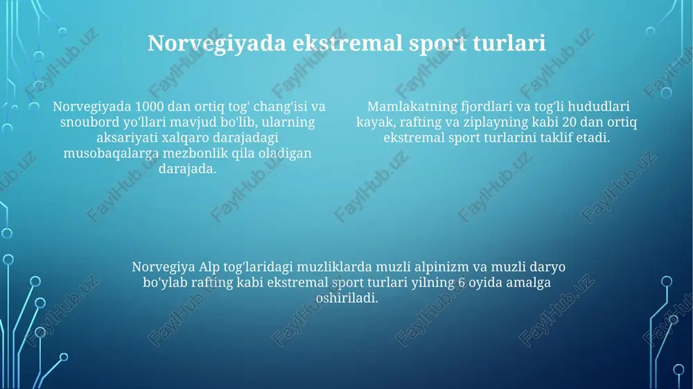 kat iqtisodiyotiga qo'shgan hissasi hisobiga, norvegiya hukumati turizm infratuzilmasiga 2025-yilgacha 1 milliard evro miqdorida investitsiya kiritishni rejalashtirmoqda. norvegiya turizmining kelajagi, 2030-yilga kelib, ekologik turizm segmentining 15% ga o'sishini va bu sohada 5000 dan ortiq yangi ish o'rinlari yaratilishini bashorat qilmoqda. norvegiyaga sayohat qilish uchun transport vositalari mamlakat boʻylab 90 000 kilometrdan ziyod avtomobil yoʻllari mavjud boʻlib, ularning 80%i yaxshi holatda. avtomobil ijaraga olish, norvegiyaning tabiiy goʻzalliklarini mustaqil ravishda kashf qilish uchun mashhur usul hisoblanadi. norvegiyaning keng koʻlamli temir yoʻl tarmogʻi, taxminan 4000 km dan ortiq masofani qamrab olib, shaharlar va qishloqlarni bogʻlaydi, shuningdek, togʻli hududlarga ham yetib boradi, bu esa sayyohlarga qulaylik yaratadi. norvegiyada 1000 dan ortiq feribot liniyalari mavjud boʻlib, ular fjordlarni kesib oʻtish va qirgʻoq boʻylab sayohat qilish uchun muhim transport vositasi hisoblanadi, bu esa sizga ajoyib manzaralarni kuzatish imkoniyatini beradi. norvegiyaning geografik xususiyatlari va tabiiy go'zalliklari norvegiyaning 40% dan ortiq qismi arktika doirasiga kiradi, bu esa mamlakatning …