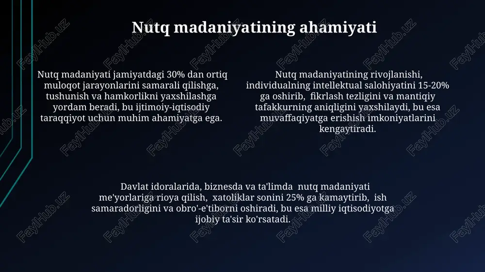 ular 2 ta asosiy guruhga bo'linadi: trop va figuralar. nutq madaniyatini oshirish yo'llari til o'rganish kurslarida ishtirok etish, onlayn resurslardan foydalanish va kamida 3 oy davomida nutqni yozib olib tahlil qilish natijador usullar hisoblanadi. nutq madaniyatini oshirishda 50 dan ortiq kitob o'qish, turli janrdagi matnlarni tahlil qilish va nutq texnikasi bo'yicha kamida 10 ta mashqni muntazam bajarish samarali. nutq madaniyatini 20% ga yaxshilash uchun ijtimoiy faollikni oshirish, jamoat oldida kamida 5 ta mavzuga taqdimot qilish va fikr almashish muhim. e'tiboringiz uchun rahmat @taqdimot_robot