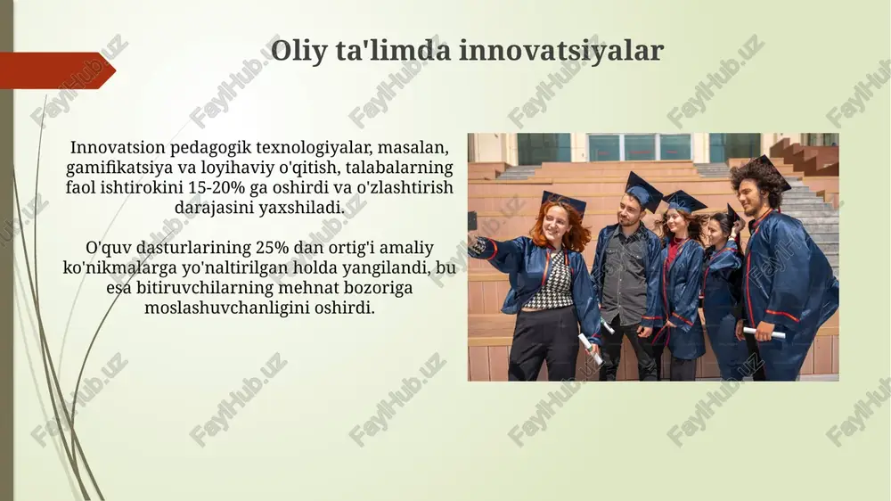 iston respublikasida 50 dan ortiq yangi oliy ta'lim muassasalari tashkil etilgani va ularning aksariyati bozor talablariga moslashtirilgan yo'nalishlarga ixtisoslashganligidir. oliy ta'limning globalizatsiyasi taxminan 100 dan ortiq mamlakatda amalga oshirilayotgan kredit-transfer tizimi, bolonya jarayoni doirasida talabalarning turli universitetlar o'rtasida o'qishini osonlashtirdi va mobil talabalar sonini oshirdi. jahon oliy ta'lim reytinglari, masalan, qs world university rankings yoki times higher education world university rankings, global raqobatbardoshlikni kuchaytirdi va universitetlarni xalqaro standartlarga moslashishga undadi. kelajakdagi oliy ta'lim tizimi kelajakdagi oliy ta'lim tizimi 2030 yilga borib, sun'iy intellekt texnologiyalaridan foydalanishni 30% ga oshirishni rejalashtirmoqda, bu esa o'qitish samaradorligini va talabalarning bilim olish imkoniyatlarini kengaytiradi. kelajakdagi oliy ta'lim tizimida online va oflayn ta'limning integratsiyasi, ya'ni blended learning metodologiyasi 70% ga yaqin o'quv muassasalarida qo'llanilishi taxmin qilinmoqda. qadimgi davrlardagi bilim markazlari qadimgi rimda, miloddan avvalgi 1-asrda, imperator avgust davrida, 2000 dan ortiq talabalarni o'z ichiga olgan, retorika va huquqshunoslikka ixtisoslashgan davlat tomonidan moliyalashtirilgan oliy o'quv yurtlari mavjud …