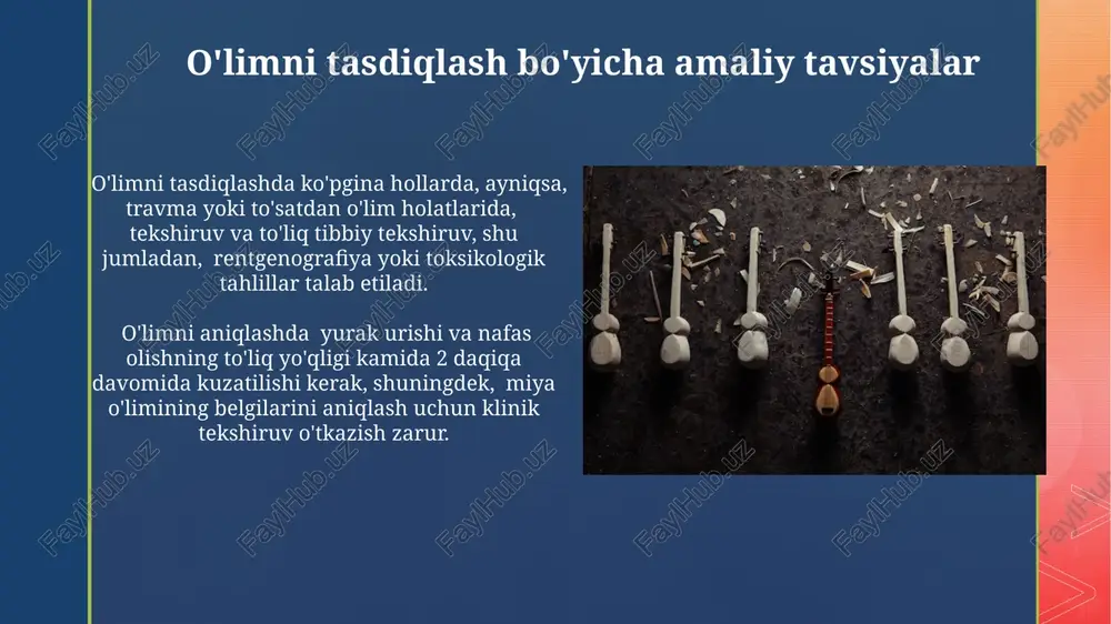 holatini ko'rsatadi. nafas olishning to'xtashini aniqlashda, bemorning ko'krak qafasi harakatlarining 10 soniyadan ortiq yo'qligi va nafas olish tovushlarining absolut yo'qligi asosiy mezon hisoblanadi. avtopsiya avtosiyaning bir qismi sifatida toksikologik tahlil o'tkazilishi mumkin va bu tahlil taxminan 100 dan ortiq turdagi zaharli moddalarni aniqlash imkonini beradi. o'limdan keyin 24 soat ichida o'tkazilgan avtosiya samaradorligi yuqori bo'lib, aniq diagnostika natijalarini beradi va taxminan 95% hollarda aniq aniqlanadi. o'lim sababini aniqlash usullari o'lim sababini aniqlashda 12 yoshgacha bo'lgan bolalarda to'satdan o'lim sindromini (ots) aniqlash uchun to'qimalarni gistopatologik tekshiruvi muhim ahamiyatga ega. o'lim holatini tasdiqlashda yurak faoliyatining to'xtashini aniqlash uchun ekg ko'rsatkichlari, shuningdek, miya o'limini aniqlash uchun eeg va neyrosonografiya ma'lumotlaridan foydalaniladi. e'tiboringiz uchun rahmat @taqdimot_robot image4.jpg image5.jpg image6.jpg image7.jpg image8.jpg image9.jpg image10.jpg image11.jpg image12.jpg image13.jpg image14.jpg image15.jpg image16.jpg image17.jpg image18.jpg image19.jpg image20.jpg image2.png image3.png