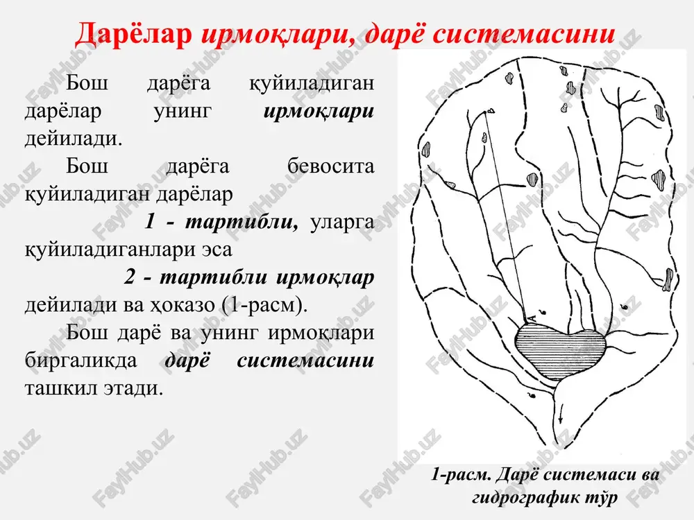 i suv yig'adigan maydoni suv to'plash maydoni deyiladi. ko'pchilik hollarda daryo havzasi va suv to'plash maydoni mos tushadi. lekin ayrim hollarda suv to'plash maydoni daryo havzasi maydonidan kichik bo'ladi. masalan, ob bilan irtish, irtish bilan ishim daryolari orasidagi kichik daryochalar bosh daryoga etib borolmaydi. natijada, ular suv to'playdigan maydon asosiy daryoga suv bermaydi. daryo sistemasi va havzasining o'lcham ko'rsatkichlari daryolarning shakl va o'lcham ko'rsatkichlarini ikki qism bo'lib o'rganish tavsiya etiladi: - daryo sistemasi - daryo havzasi. daryo sistemasining shakl va o'lcham ko'rsatkichlari: - bosh daryo va uning uzunligi; - irmoqlar va ularning uzunliklari; - daryoning egriligi; - daryo tarmoqlarining zichligi; - daryo yoki uning ma'lum qismining nishabligi. bosh daryo va irmoqlarining uzunliklarini aniqlash bosh daryo uzunligi (l) uning boshlanishidan quyilish joyigacha bo'lgan masofa bilan aniqlanadi. irmoqlarning uzunliklari (l1, l2, …. ln) ham bosh daryo uzunligi kabi aniqlanadi. lekin bunda dastlab irmoqlar tartibini belgilab olish zarur. daryoning egriligi egrilik koeffitsienti bilan …