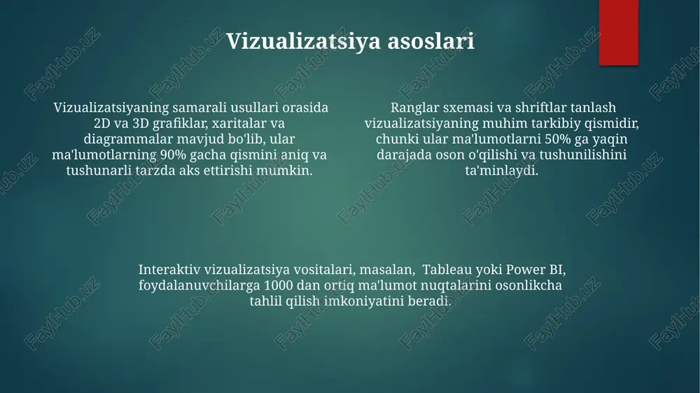 shda 256 dan ortiq rangdan foydalanish, ma'lumotlarning murakkabligini aks ettirish va foydalanuvchilar uchun tushunarli bo'lishini ta'minlashda muhim rol o'ynaydi. geoprocessing operatsiyalari samaradorligini oshirish uchun 500 dan ortiq nuqtalardan iborat poligonlarni soddalashtirish algoritmlarini qo'llash mumkin, bu esa hisoblash vaqtini sezilarli darajada qisqartiradi. natijalarni tahlil qilish natijalarni tahlil qilishda 95% ishonch oralig'idan foydalanib, o'rtacha xatolikni 2% gacha kamaytirish mumkin, bu aniqroq xulosalar chiqarish imkonini beradi. regressiya tahlili orqali 3 ta mustaqil o'zgaruvchi va bog'liq o'zgaruvchi o'rtasidagi korrelyatsiya koeffitsienti 0.8 dan yuqori bo'lsa, kuchli bog'liqlik mavjud degan xulosaga kelish mumkin. a/b testi natijalarini tahlil qilishda p-qiymati 0.05 dan kam bo'lsa, farq statistik jihatdan ahamiyatli hisoblanadi va gipotezani rad etish mumkin. e'tiboringiz uchun rahmat @taqdimot_robot image1.png image2.png image3.png image4.png image5.png image6.png image7.png image8.png image9.png image10.png