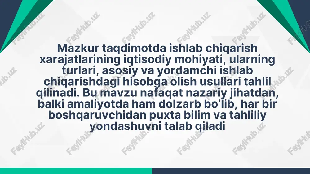 ari yordamchi ishlab chiqarish — bu asosiy ishlab chiqarishni qo‘llab-quvvatlovchi xizmatlar majmuasidir. bunga ta’mirlash ustaxonalari, energiya ta’minoti, transport, laboratoriyalar va boshqa xizmat ko‘rsatish bo‘linmalari kiradi. - yordamchi bo‘linmalar ish haqi - texnik xizmat ko‘rsatish xarajatlari - ichki transport va logistika xarajatlari - yordamchi vositalar amortizatsiyasi bu xarajatlar bevosita mahsulotga bog‘liq bo‘lmasa-da, umumiy ishlab chiqarish jarayonining uzluksizligini ta’minlaydi. 📊 hisobga olish usullari asosiy va yordamchi ishlab chiqarish xarajatlarini hisobga olishda quyidagi usullar qo‘llaniladi: - buyurtmali kalkulyatsiya: har bir buyurtma yoki mahsulot partiyasi bo‘yicha alohida hisob yuritiladi. - jarayonli kalkulyatsiya: uzluksiz ishlab chiqarish jarayonlarida qo‘llaniladi, xarajatlar bosqichma-bosqich taqsimlanadi. - kompleks taqsimlash usuli: yordamchi bo‘linmalar xarajatlari asosiy bo‘linmalarga taqsimlanadi, bu mahsulot tannarxini yanada aniqroq hisoblash imkonini beradi. shunday qilib, asosiy va yordamchi ishlab chiqarish xarajatlarini to‘g‘ri hisobga olish korxona moliyaviy barqarorligini ta’minlash, mahsulot narxini optimallashtirish va raqobatbardoshlikni oshirishda muhim vosita hisoblanadi ✅ xulosa ishlab chiqarish xarajatlari — bu korxona faoliyatining yuragi bo‘lib, mahsulot …