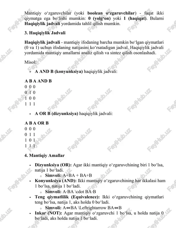 aruvchining har ikkalasi ham 1 bo‘lsa, natija 1 bo‘ladi. · simvoli: a⋅ba \cdot ba⋅b · teng qiymatlilik (equivalence): ikki o‘zgaruvchining qiymatlari teng bo‘lsa, natija 1, aks holda 0 bo‘ladi. · simvoli: a⇔ba \leftrightarrow ba⇔b · inkar (not): agar mantiqiy o‘zgaruvchi 1 bo‘lsa, u holda natija 0 bo‘ladi, aks holda natija 1 bo‘ladi. · simvoli: ¬a\neg a¬a 5. pirs strelkasi (nand) pirs strelkasi yoki nand (not and) - bu and amali va inkarni birlashtirgan mantiqiy amal bo‘lib, natijada faqat ikkala o‘zgaruvchi ham 1 bo‘lganda natija 0 bo‘ladi, aks holda 1 bo‘ladi. · pirs strelkasi haqiqiylik jadvali: a b a nand b 0 0 1 0 1 1 1 0 1 1 1 0 6. sheffer shtrixi (nor) sheffer shtrixi yoki nor (not or) - bu or amali va inkarni birlashtirgan mantiqiy amal bo‘lib, natijada faqat ikkala o‘zgaruvchi ham 0 bo‘lganda natija 1 bo‘ladi, aks holda 0 bo‘ladi. · sheffer shtrixi haqiqiylik …