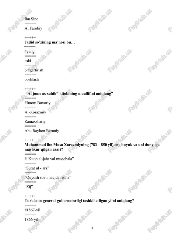 shta tamoyili (“o’zbek modeli”) ga kirmaydigan javobni toping. ===== #fuqarolarning munosib hayotini ta’minlash ===== davlat bosh islohotchiligi ===== iqtisodiyotning mafkuradan ustunligi ===== kuchli ijtimoiy siyosat +++++ o’zbekiston ekologik partiyasi qachon tashkil etildi? ===== #2019 yil ===== 2013 yil ===== 2001 yil ===== 1997 yil +++++ davlat va jamiyat hayotining eng muhim masalalari xalq muhokomasiga qo’yilishi nima deb ataladi? ===== #referendum ===== ombudsman ===== muqobil saylov ===== umumxalq saylovi +++++ o’zbekiston respublikasi davlat boshqaruvi nechta hokimiyatchilik tizimiga bo’linadi? ===== # 3 ga bo’linadi ===== 2 ga bo’linadi ===== 4 ga bo’linadi ===== 5 ga bo’linadi +++++ 1991 yil 18 noyabrda ... ===== #davlat bayrog’i qabul qilindi ===== davlat gerbi qabul qilindi ===== davlat madhiyasi qabul qilindi ===== prezidentlik saylovlari o’tkazildi +++++ o’zbek milliy volyutasi-«so’m» qachondan muomalaga kiritildi? ===== #1994 yil 1 iyuldan ===== 1991 yil 18 noyabrdan ===== 1992 yil 8 dekabrdan ===== 1992 yil 2 iyuldan +++++ qachondan parlamentimiz oliy …