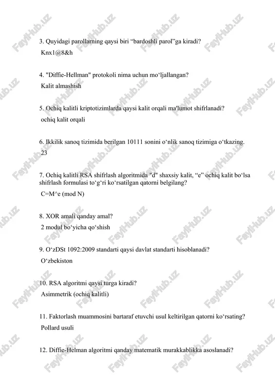 va diskret logarifmlash algoritmlariga 11. kriptografiya fan sifatida shakllanishida nechta davrlarga bo‘linadi? 4 ga 12. simmetrik shifrlashda nima muhim kamchilik? kalit almashish muammosi 13. ko‘z pardasi, yuz tuzilishi, ovoz tembri - bular autentifikatsiyaning qaysi faktoriga mos belgilar? biometrik autentifikatsiya 14. "kvant kriptografiyasi" nima? kvant fizikasi asosidagi zamonaviy himoya usuli 15. ochiq kalitli kriptotizimda, qaysi kalit orqali ma'lumot rasshifrovkalanadi? maxfiy kalit orqali 16. rsa algoritmining maxfiy kalitini topish qanday masalani echish murakkabligiga asoslanadi? katta sonni tub ko‘paytuvchilarga ajratish masalasining murakkabligiga; 17. kriptografiya nima? ma'lumotlarni shifrlash va himoya qilish fan 18. diffie-helman algoritmi qanday matematik murakkablikka asoslanadi? diskret logarifmlash murakkabligiga 19. seans kalitli hamda seans kalitsiz rejimlarda ishlidigan standartni ko‘rsating? o‘zdst 1092:2009 20. quyidagi ifodani qiymatini toping. -17mod11 5 21. kriptologiya qanday yo‘nalishlarga bo‘linadi? kriptografiya va kriptotahlil 22. quyidagi modulli ifodani qiymatini toping. (125*45)mod10. 5 23. arifmetikaning sosiy teoremasiga ko‘ra natural sonni qanday ko‘rinishda ifodalaymiz? a=p_1^(a_1 ) p_2^(a_2 ) p_3^(a_3 )…p_k^(a_k ) …