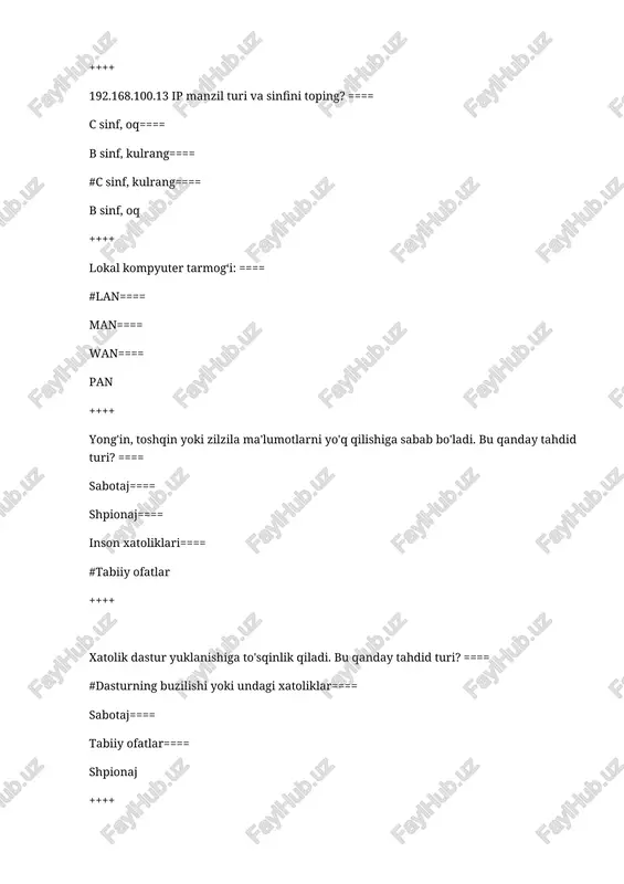 iqlang? ==== #443==== 110==== 80==== 25 ++++ himoyalanayotgan resurs to'plami uchun beriladigan ruxsat qoidalari to'plami nima deyiladi? ==== #acl==== asl==== avl==== acm ++++ axborot xavfsizligi tushunchasi o'z ichiga qaysi uch tashkil etuvchilarni oladi? ==== #konfidensiallik, foydalanuvchanlik, butunlilik==== foydalanuvchanlik, ishonchlilik, butunlilik==== konfidensiallik, ishonchlilik, butunlilik==== foydalanuvchanlik, saqlanishlik, butunlilik ++++ … - bu da'vo qilingan foydalanuvchi, jarayon yoki qurilmaning haqiqiyligini tekshirish tartibi. ==== #autentifikatsiya==== identifikatsiya==== avtorizatsiya==== ma'murlash ++++ … – uning egasi haqiqiyligini aniqlash jarayonida tekshiruv axboroti sifatida ishlatiladigan belgilar ketma-ketligi. ==== #parol==== pin kod==== identifikator==== haqiqiylikka tekshirish ++++ 255.0.0.0 tarmoq maskasi(niqobi) qaysi klass(sinf)ga tegishli? ==== #a sinf==== b sinf==== c sinf==== d sinf ++++ 255.255.0.0 tarmoq maskasi(niqobi) qaysi klass(sinf)ga tegishli? ==== #b sinf==== c sinf==== d sinf==== a sinf ++++ 255.255.255.0 tarmoq maskasi(niqobi) qaysi klass(sinf)ga tegishli? ==== #c sinf==== a sinf==== b sinf==== d sinf ++++ 255.255.255.128 maskali(niqobli) tarmoqda nechta ip manzil mavjud? ==== #128==== 256==== 64==== 32 ++++ ...- qoidalar axborotni …