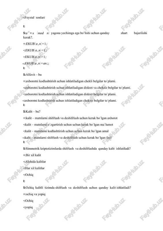 bligi masalasiga asoslanadi -:etarli katta natural sonni tub ko‘paytuvchilarga ajratishning hisoblash murakkabligi masalasiga asoslanadi i: s:rsa shifirlash algoritmi qanday matematik murakkablik asosida yaratilgan? +:etarli katta natural sonni tub ko‘paytuvchilarga ajratishning hisoblash murakkabligi masalasiga asoslanadi -:yuqori tartibli chiziqli algebraik tenglamalar sistemasini chekli maydonlarda echishning hisoblash murakkabligimasalasiga asoslanadi -:elliptik egri chiziq nuqtalari ustida amallar bajarishning hisoblash murakkabligi masalasiga asoslanadi -:xarakteristikasi etarli katta bo‘lgan chekli maydonlarda diskret logarifmlashni hisoblash murakkabligi masalasiga asoslanadi i: s: agar a=19 bo‘lsa, u holda unga teskari bo‘lgan sonni 26 modul bo’yicha hisoblang. +:11 -:17 va 19 -:19 va 11 -:13 va 19 i: s:agar a=9 bo‘lsa, u holda unga teskari bo‘lgan sonni 26 modul bo’yicha hisoblang. +:3 -:17 va 19 -:19 va 11 -:13 va 19 i: s:agar a=3 bo‘lsa, u holda unga teskari bo‘lgan sonni 26 modul bo’yicha hisoblang. +:9 -:17 va 19 -:19 va 11 -:13 va 19 i: s:rsa algoritmida n-ochiq kalit, d-maxfiy kalit bo‘lsa, …