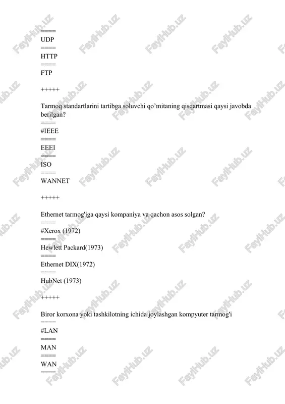 == #1024 tagacha ==== cheksiz ==== 201 tagacha ==== 200-300 ta +++++ ethernet tarmoq paketida qabul qiluvchi va jo'natuvchi manzili necha baytdan tashkil topgan? ==== #6 ==== 8 ==== 2 ==== 4 +++++ ethernet tarmoq paketidagi axborot maydoniga qancha axborot kirishi mumkin? ==== #46 baytdan 1500 baytgacha ==== 0 baytdan 1024 baytgacha ==== 1501 baytdan 2000 baytgacha ==== 2001 baytdan 3000 baytgacha +++++ osi modeli nechta pog'onadan tashkil topgan? ==== #7 ==== 5 ==== 6 ==== 3 +++++ osi modeli 1-pog'onasi nomi? ==== #fizik ==== kanal ==== tarmoq ==== transport +++++ osi modeli 2-pog'onasi nomi? ==== #kanal ==== tarmoq ==== transport ==== taqdim etish +++++ osi modeli 3-pog'onasi nomi? ==== #tarmoq ==== transport ==== amaliy ==== kanal +++++ osi modeli 4-pog'onasi nomi? ==== #transport ==== seans ==== kanal ==== amaliy +++++ osi modeli 5-pog'onasi nomi? ==== #seans ==== kanal ==== tarmoq ==== taqdim etish +++++ osi modeli 6-pog'onasi nomi? ==== …