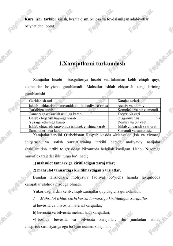 oiy sug‘urtaga ajratmalar; · asosiy fondlar va ishlab chiqarish ahamiyatiga ega bo‘lgan nomoddiy aktivlar amortizatsiyasi; · ishlab chiqarish ahamiyatiga ega bo‘lgan boshqa xarajatlar. ishlab chiq;arishning murakkabligi hamda xarajatlarning xilma-xilligi ularni hisobga olishda butun bir gurux hisobvaraqdan qo‘llanilishini taqozo etadi. 21-milliy buxgalteriya standartiga muvofiq xarajatlarni hisobga olishda quyidagi hisobvaraqlarni qo‘llash belgilab kuyilgan. 20-asosiy ishlab chiqarishni hisobga oluvchi hisobvaraqlar 2010-«asosiy ishlab chiqarish» 23-grdamchi ishlab chiqarishni hisobga oluvchi hisobvaraqlar 2310-«yordamchi ishlab chiqarish» 25-umumishlab chiqarish xarajatlarini hisobga oluvchi hisobvaraqlar 2510-«umumishlab chiqarish xarajatlari» 26-ishlab chiqarishdagi yaroksiz mahsulotlarni hisobga oluvchi hisobvaraqlar 2610-«ishlab chiqarishdagi yaroqsiz mahsulot» 27-xizmat ko‘rsatuvchi xo‘jaliklar xarjatlarini hisobga oluvchi hisobvaraqlar 2710-«xizmat ko‘rsatuvchi xo‘jaliklar» xarajatlarini hisobga oluvchi hisobvaraqlar 89-kelgusidagi xarajatlar va to‘lovlar rezervlari bo‘yicha hisobvaraqlar 8910-«kelgusidagi xarajatlar va to‘lovlar rezevlari». elementlar va kalkulyatsiya moddalari bo‘yicha xarajatlar hisobini ta’minlash u hamma xarajatlar ishlab chiqarilayotgan mahsulot turlari bo‘yicha 2010-hisobvaraq; guruxlanadi. 2010-«asosiy ishlab chiqarish» hisobvarag‘i asosiy ishlab chiqarishga, mazkur korxonani tashkil etishdan mahsulot (ishlar va xizmatlar) etishtirish maksadida …